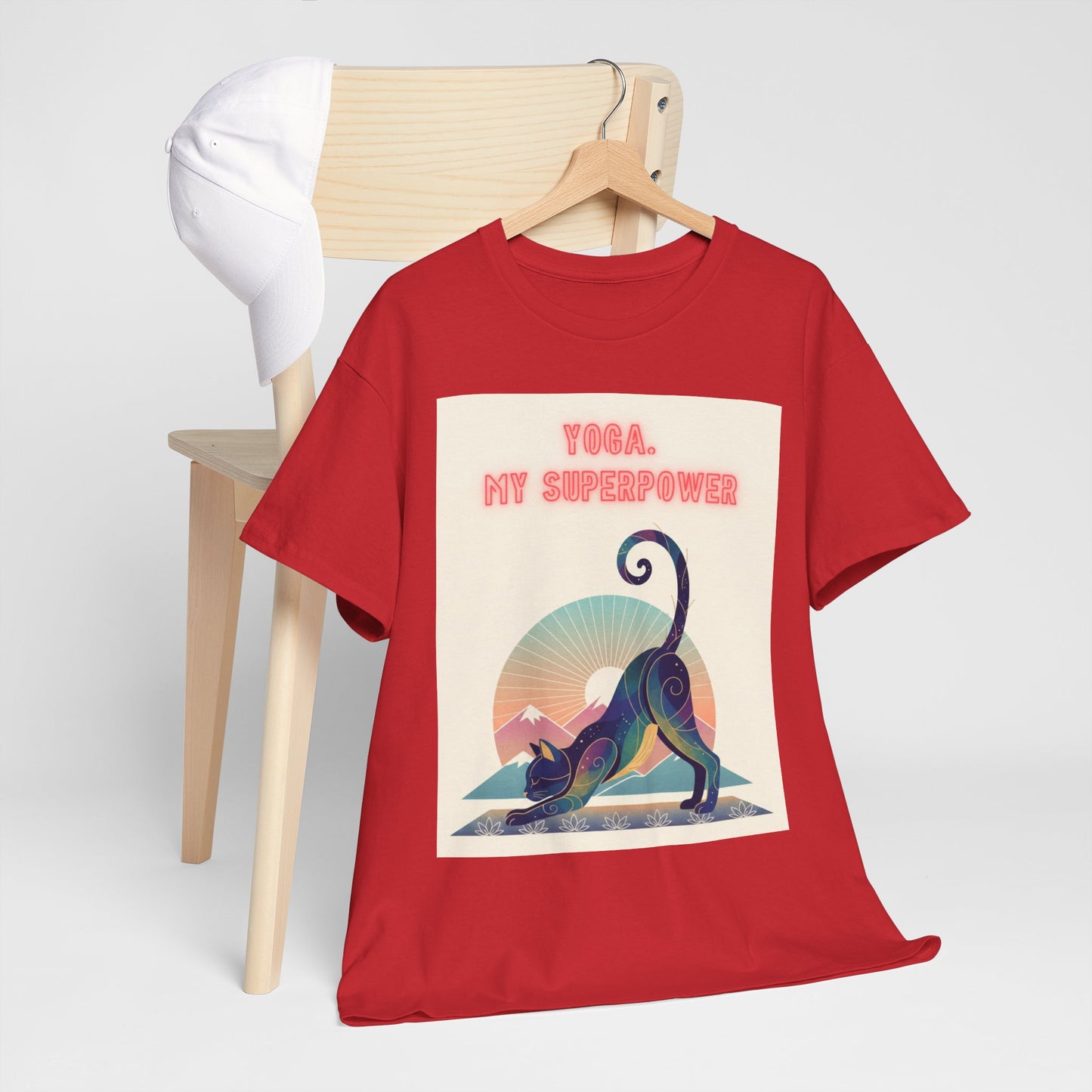 Yoga My Superpower T-Shirt — Vintage Sunset Downward Cat Tee