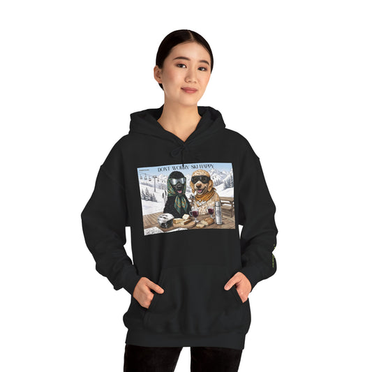 Dog Ski Lodge Hoodie – "Don't Worry, Be Happy" Winter Cabin Pullover
