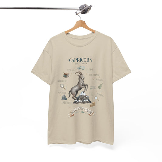 Capricorn Zodiac T-Shirt, Earth Sign Astrology Gift, Ambitious Capricorn Shirt, Mountain Goat Graphic Tee, Born to Achieve and Endure, Minimalist Star Sign Top