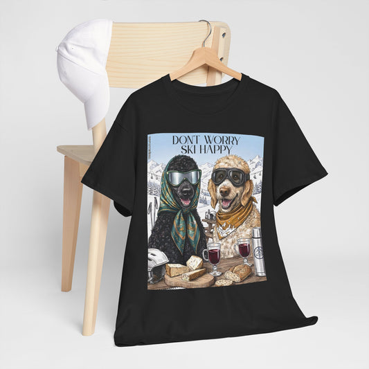 Skiing Dogs T-Shirt, Don't Worry Ski Happy, Winter Sports Apparel, Funny Poodle Skiing Tee, Après Ski Outfit, Gift for Dog Lovers, Mountain Life Shirt, Skier Gift Idea, Retro Ski Lodge Style, Graphic...