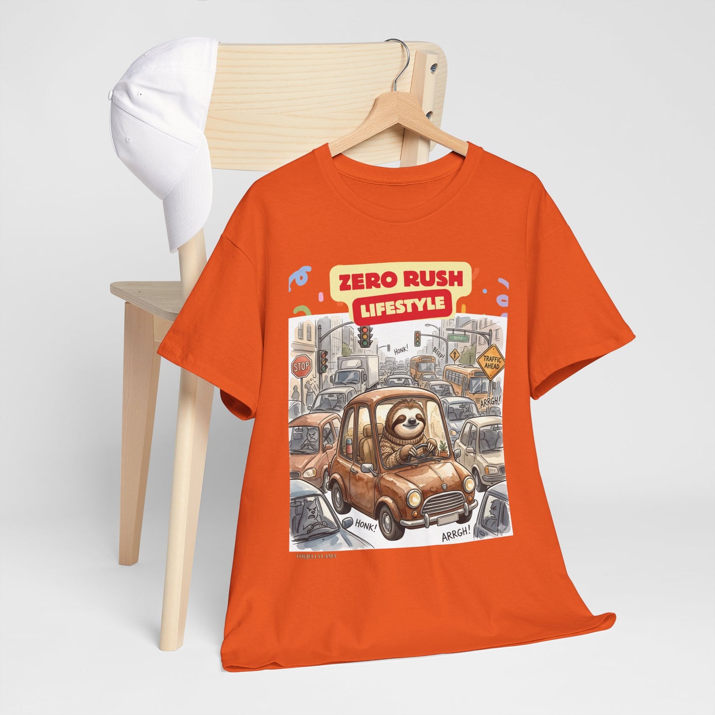 Zero Rush Lifestyle Tee — Cute Sloth Driving Graphic T-Shirt