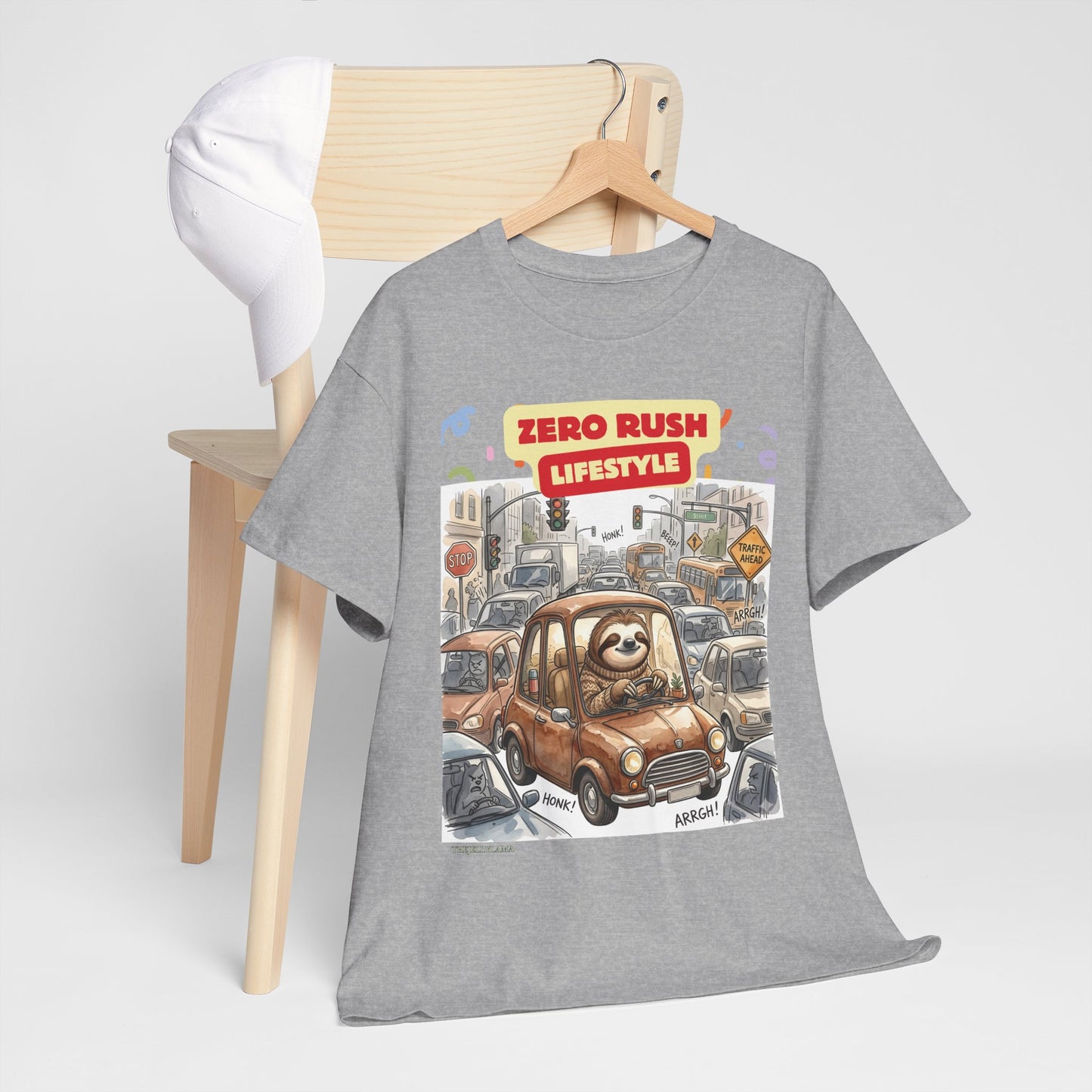 Zero Rush Lifestyle Tee — Cute Sloth Driving Graphic T-Shirt