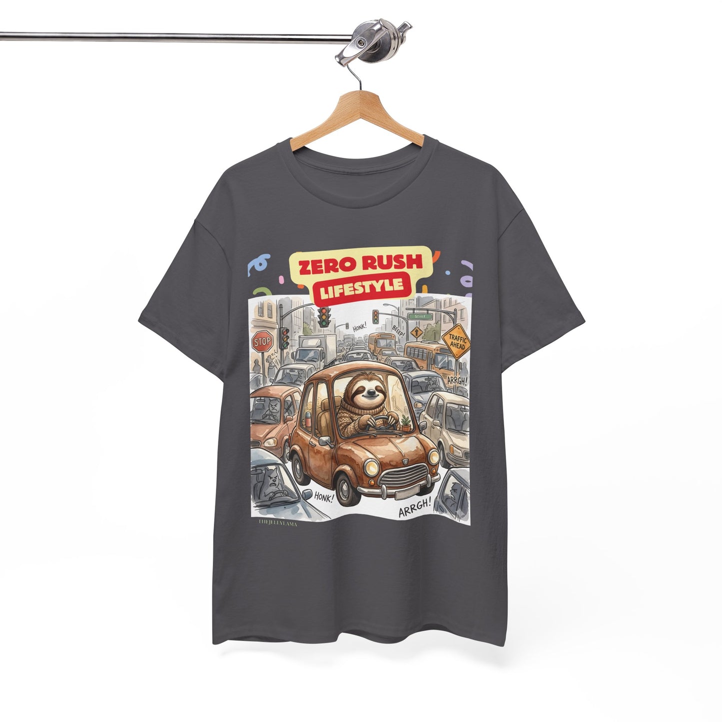 Zero Rush Lifestyle Tee — Cute Sloth Driving Graphic T-Shirt