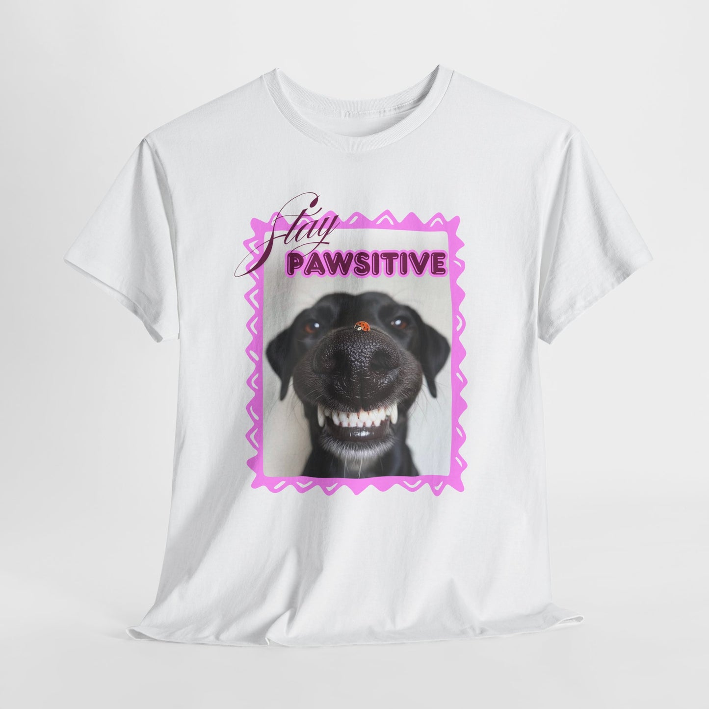 Stay Pawsitive Dog Shirt, Funny Smiling Dog T-Shirt, Gift for Dog Lover, Black Dog with Ladybug Graphic Tee