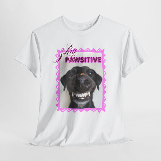 Stay Pawsitive Dog Shirt, Funny Smiling Dog T-Shirt, Gift for Dog Lover, Black Dog with Ladybug Graphic Tee