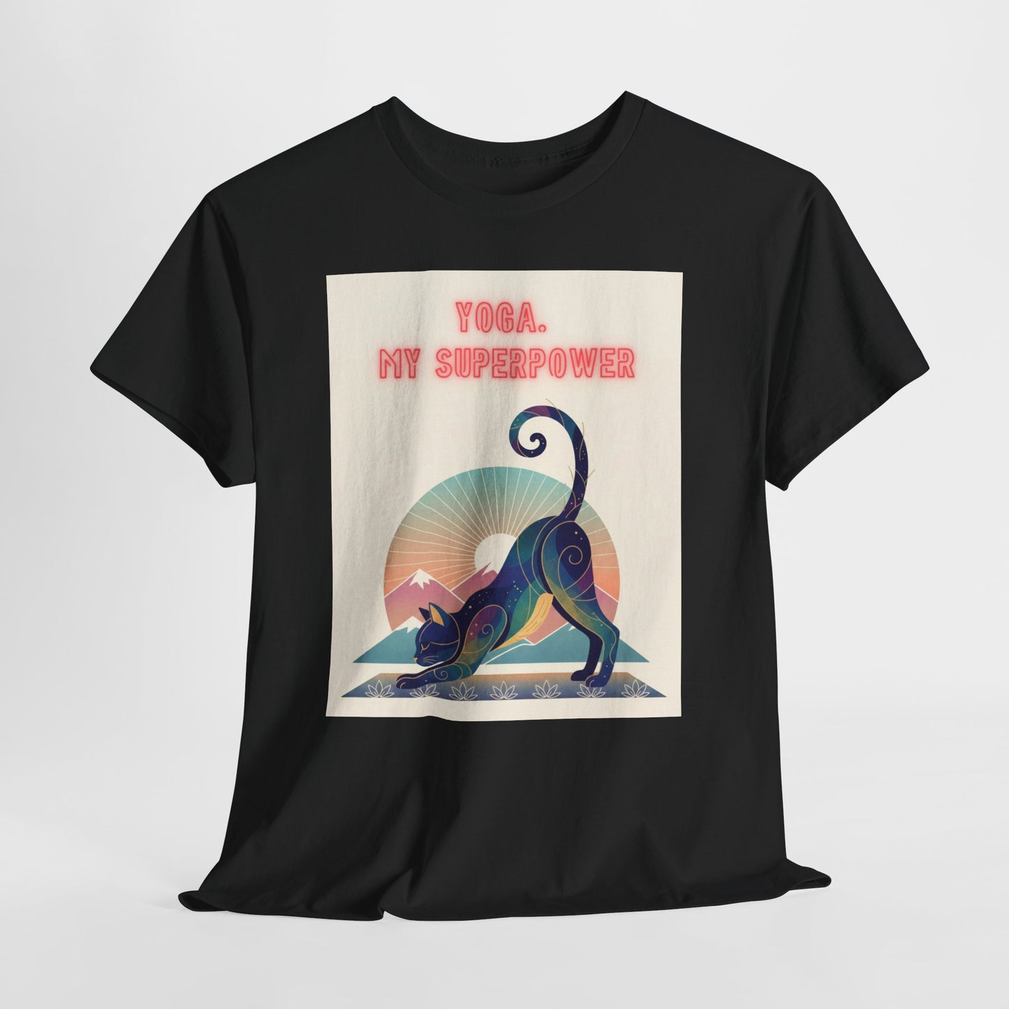 Yoga My Superpower T-Shirt — Vintage Sunset Downward Cat Tee