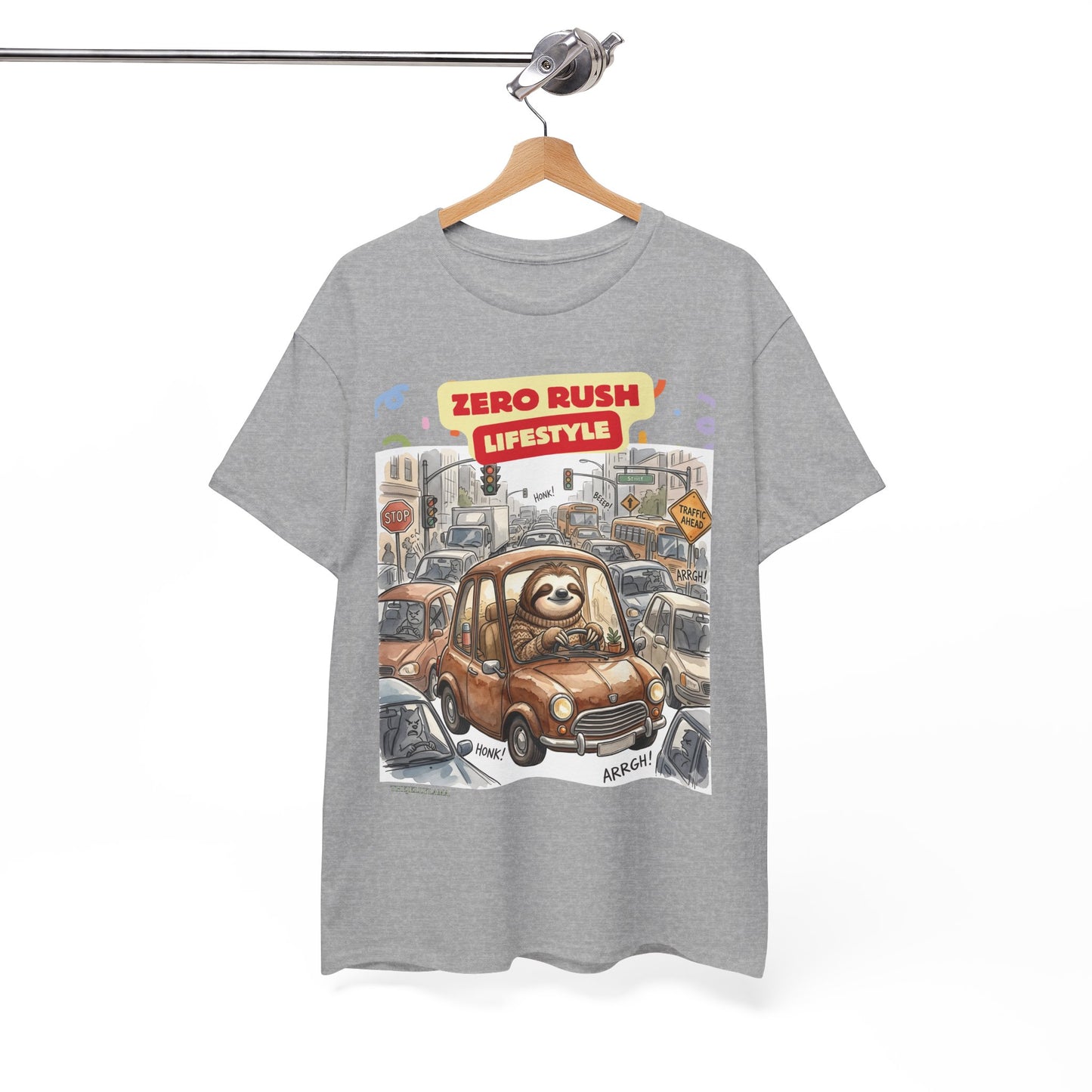 Zero Rush Lifestyle Tee — Cute Sloth Driving Graphic T-Shirt