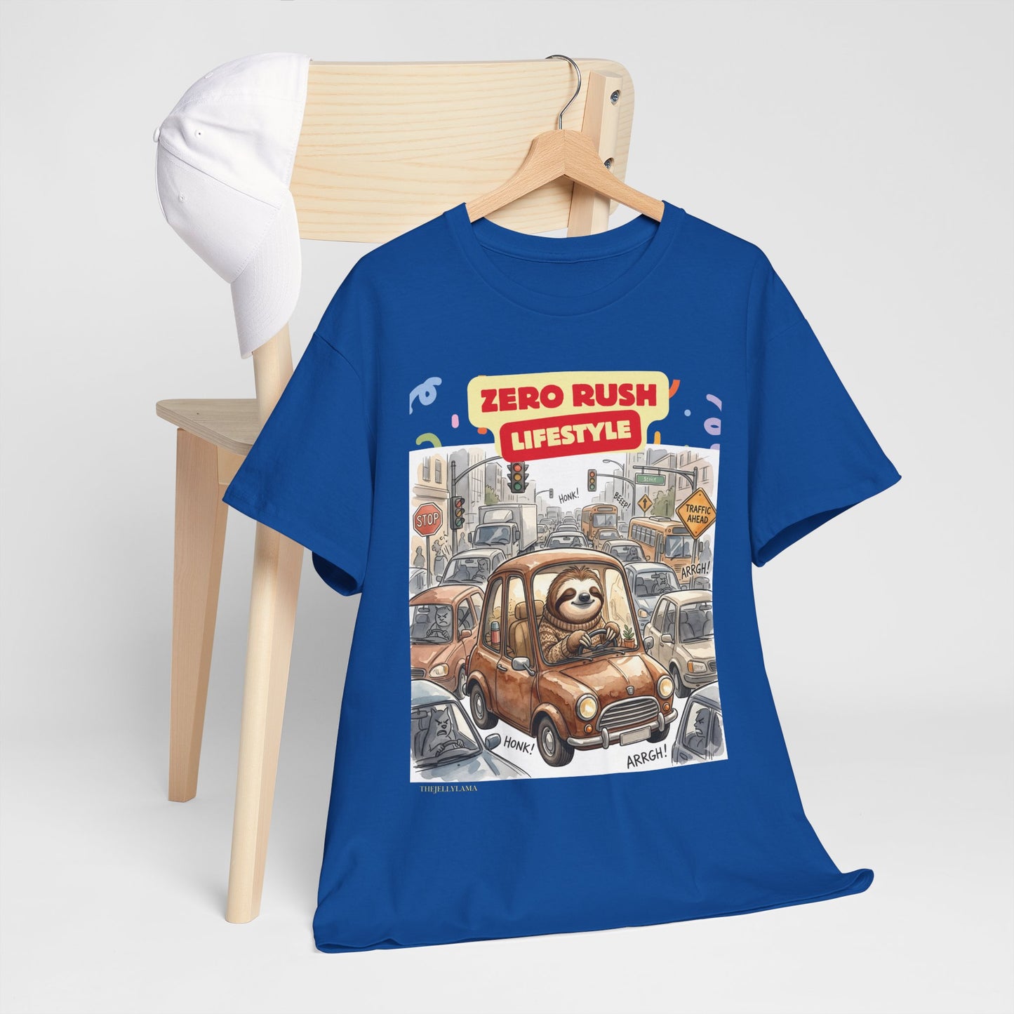 Zero Rush Lifestyle Tee — Cute Sloth Driving Graphic T-Shirt