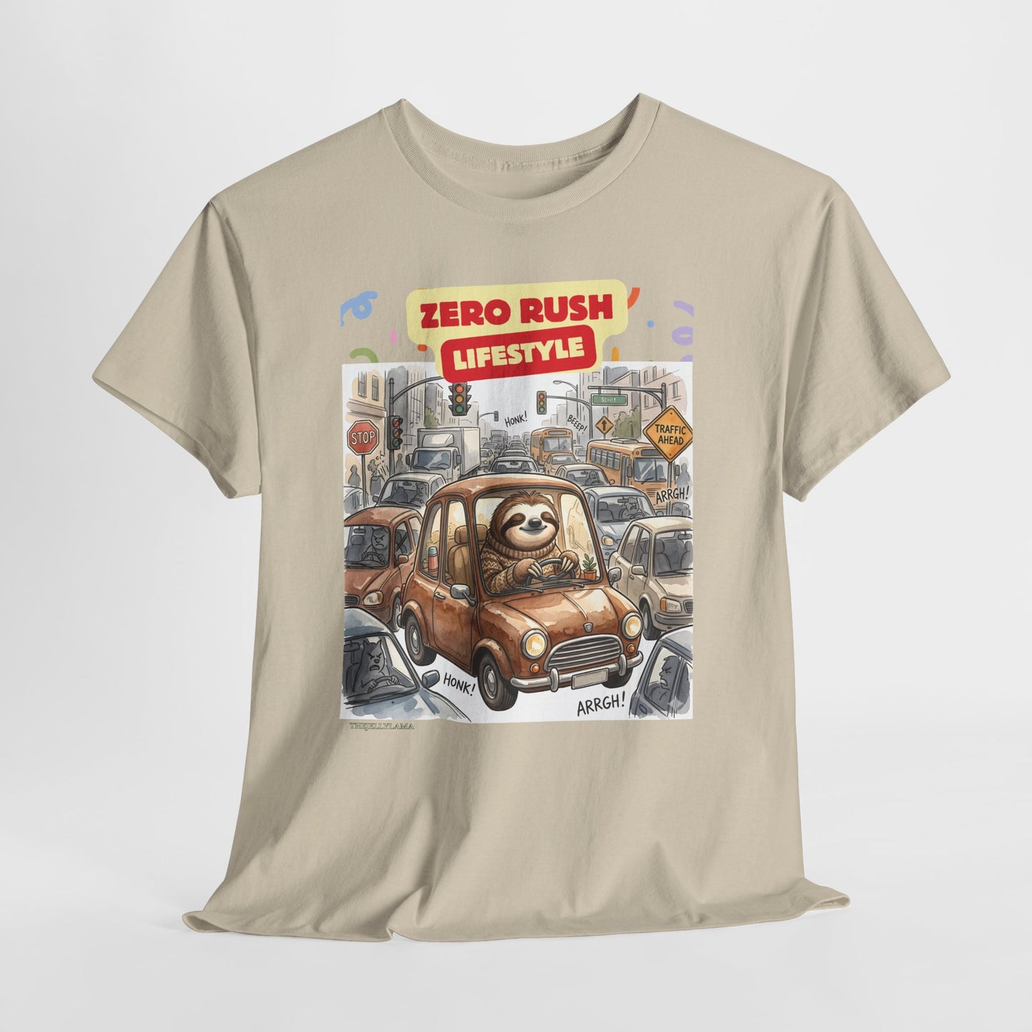Zero Rush Lifestyle Tee — Cute Sloth Driving Graphic T-Shirt