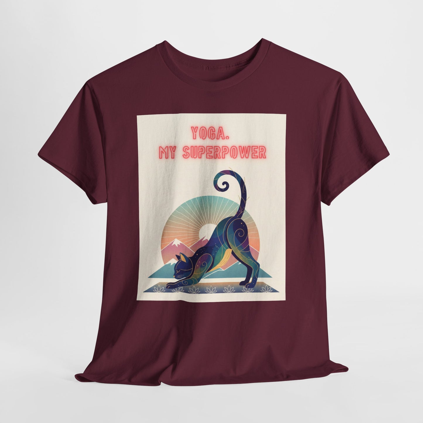 Yoga My Superpower T-Shirt — Vintage Sunset Downward Cat Tee