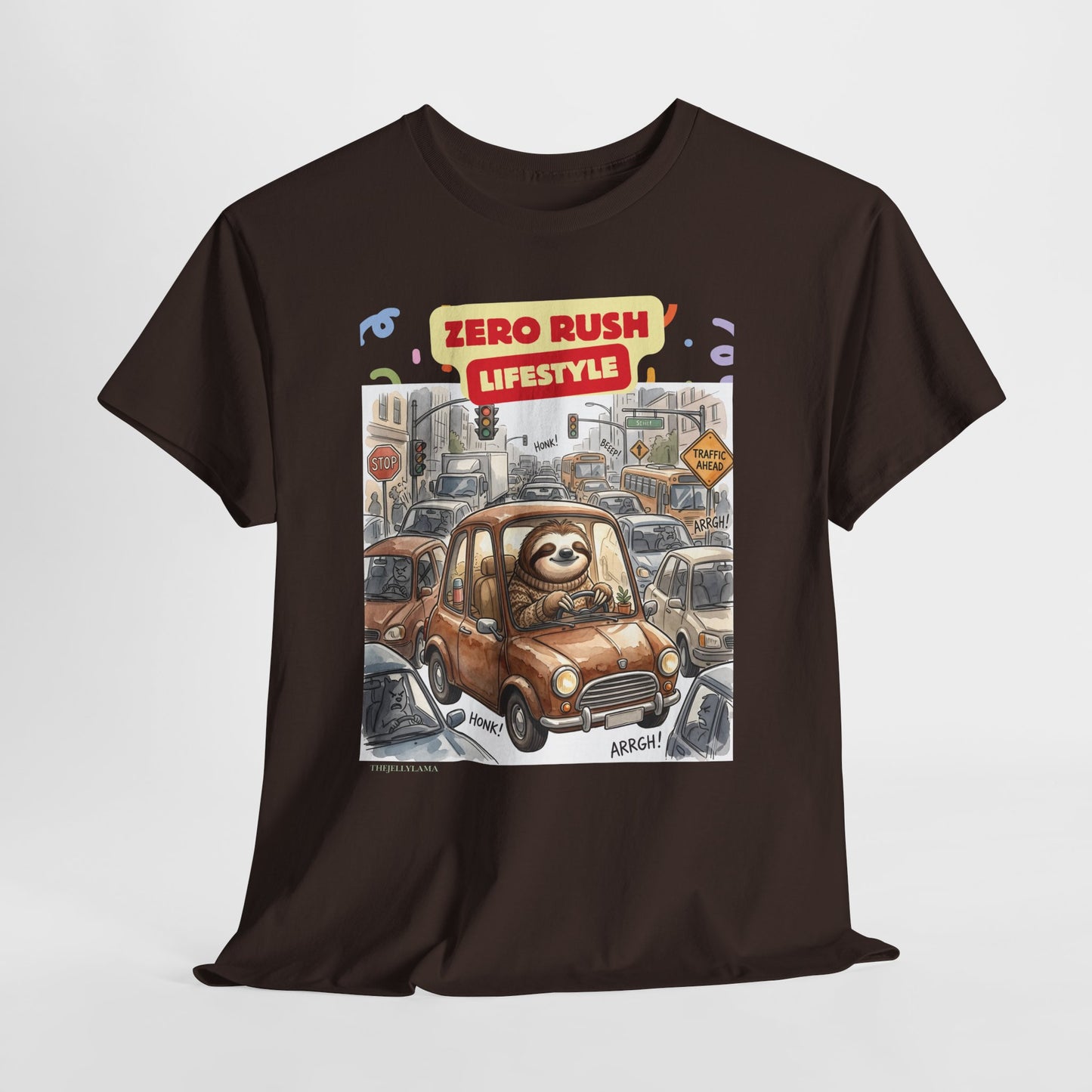 Zero Rush Lifestyle Tee — Cute Sloth Driving Graphic T-Shirt