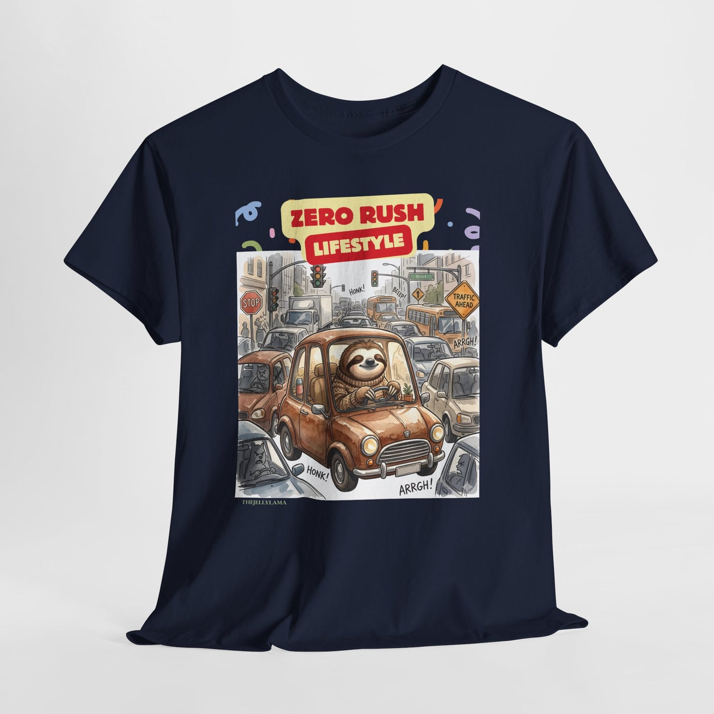 Zero Rush Lifestyle Tee — Cute Sloth Driving Graphic T-Shirt