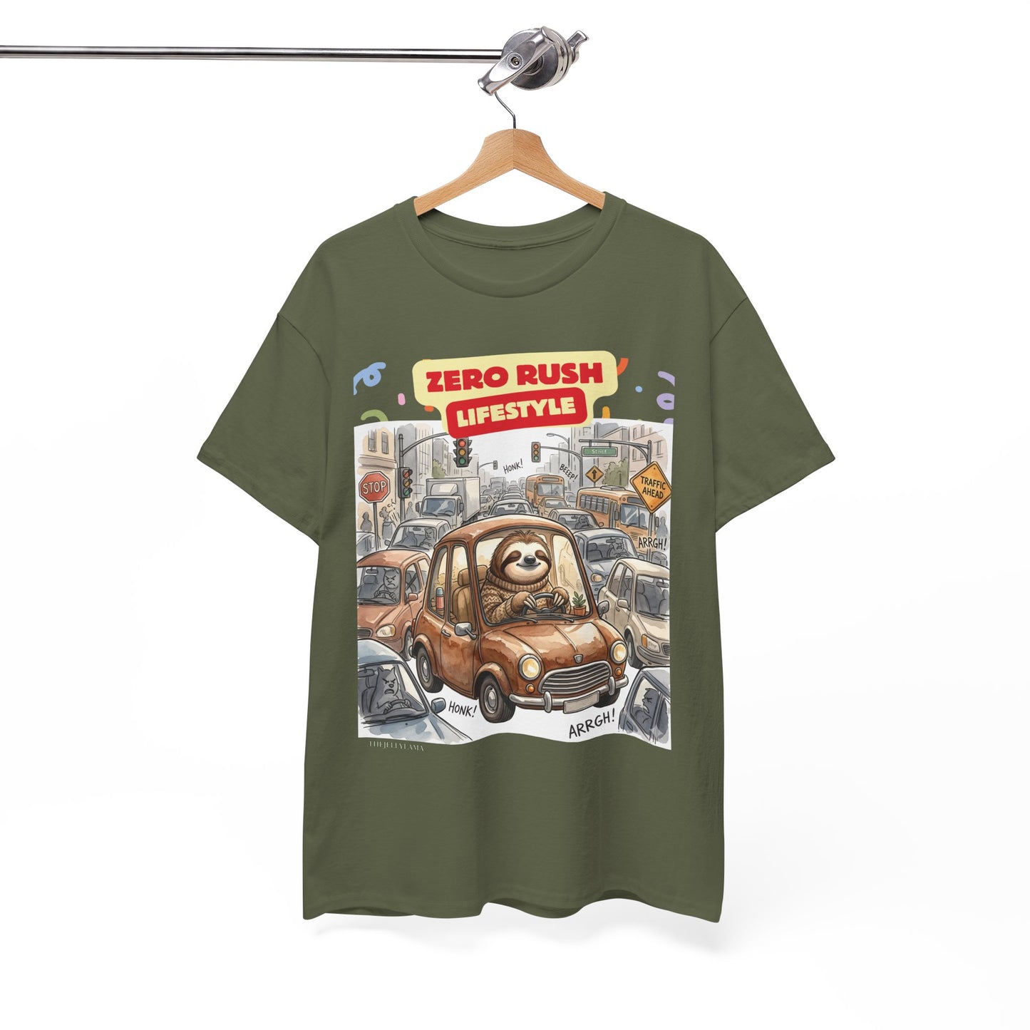 Zero Rush Lifestyle Tee — Cute Sloth Driving Graphic T-Shirt