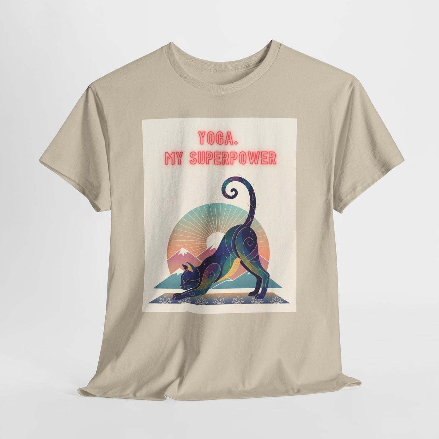 Yoga My Superpower T-Shirt — Vintage Sunset Downward Cat Tee