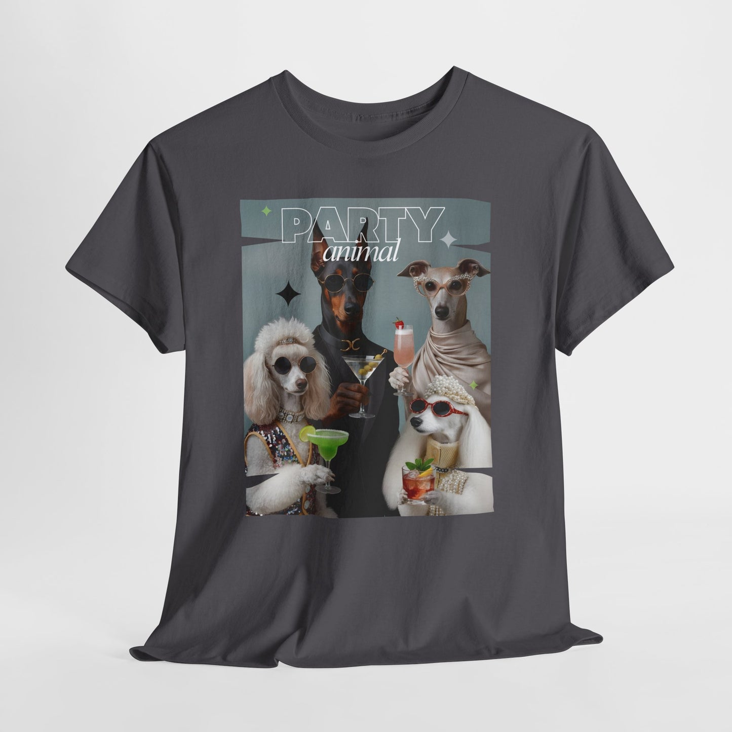 Unisex T-Shirt —Fashionable Dogs Holding Cocktails Graphic Shirt – Unique Gift for Whippet & Poodle Owners