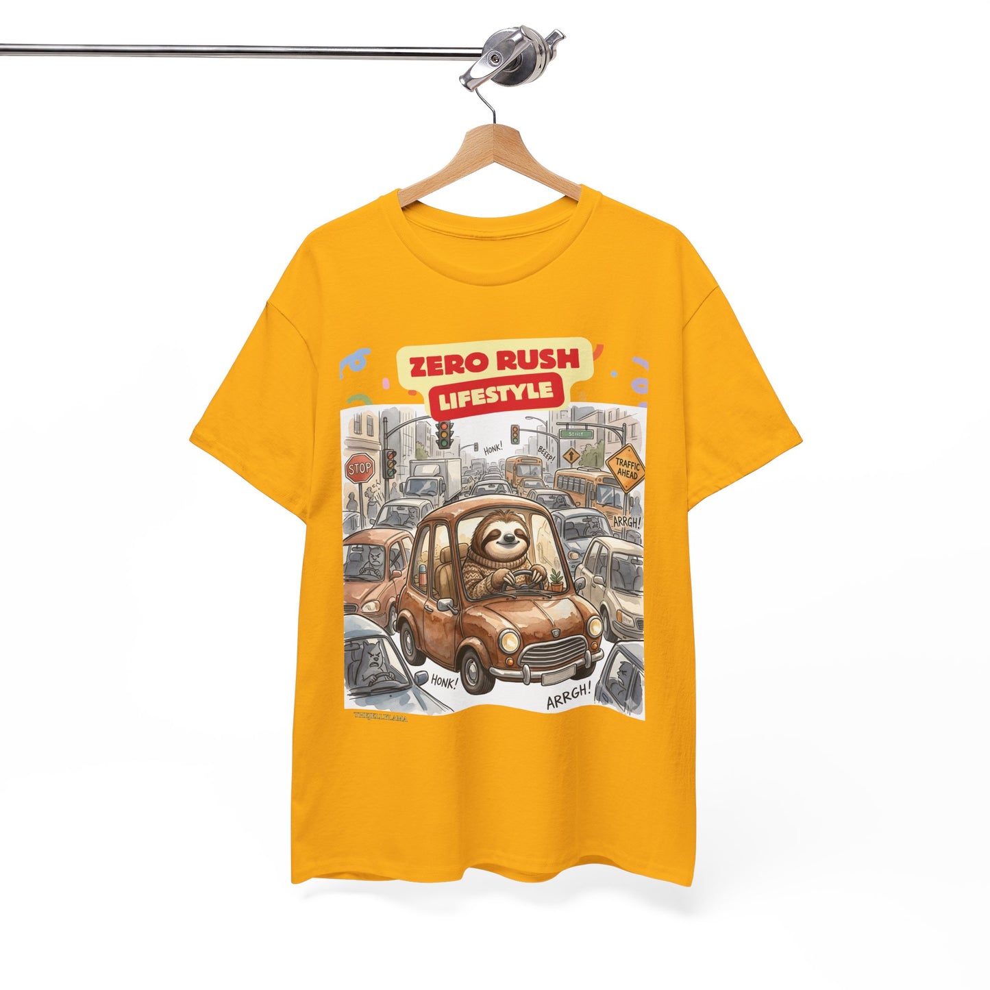 Zero Rush Lifestyle Tee — Cute Sloth Driving Graphic T-Shirt