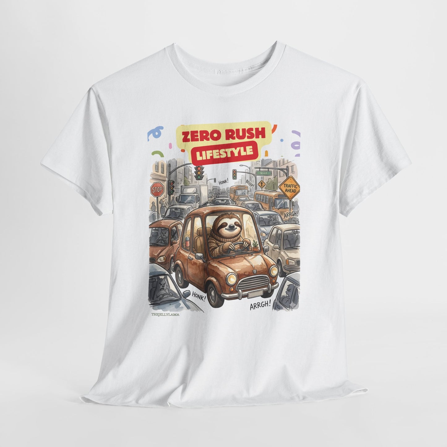 Zero Rush Lifestyle Tee — Cute Sloth Driving Graphic T-Shirt
