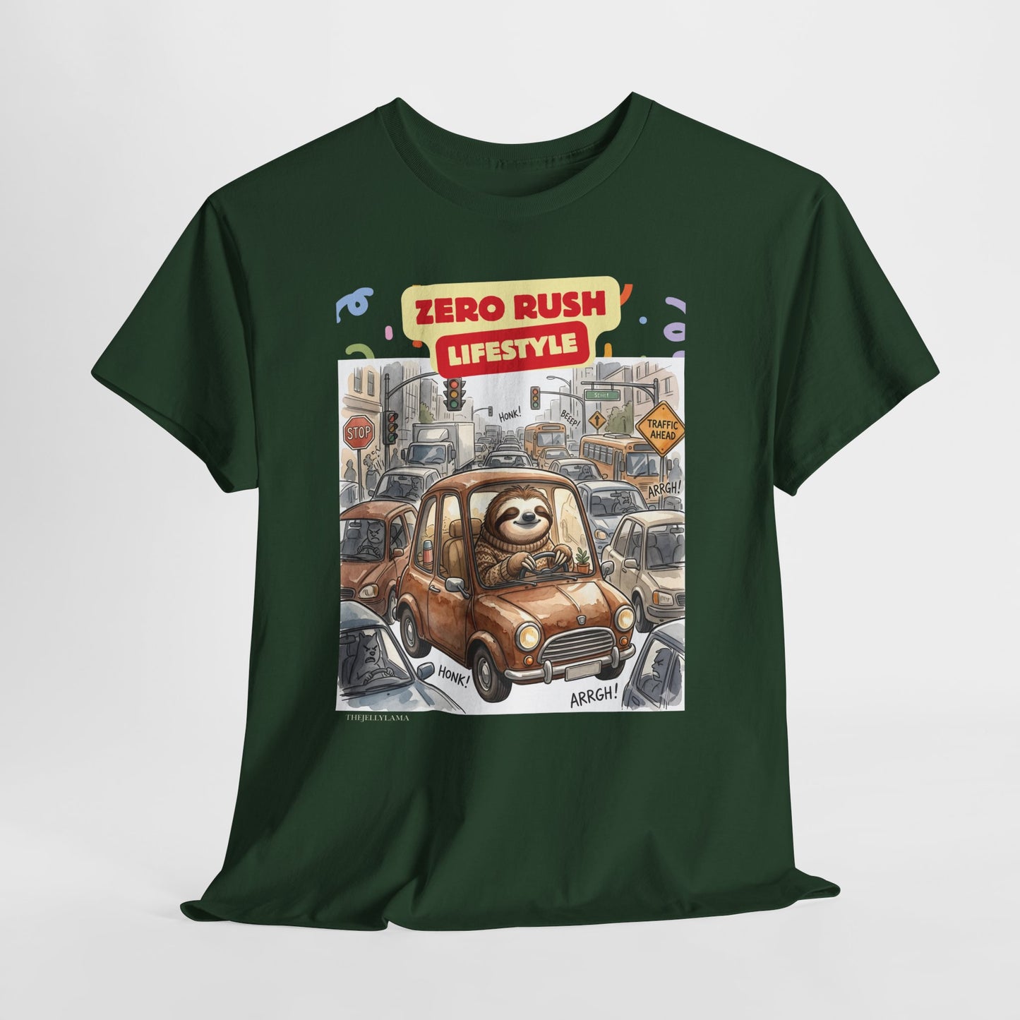 Zero Rush Lifestyle Tee — Cute Sloth Driving Graphic T-Shirt