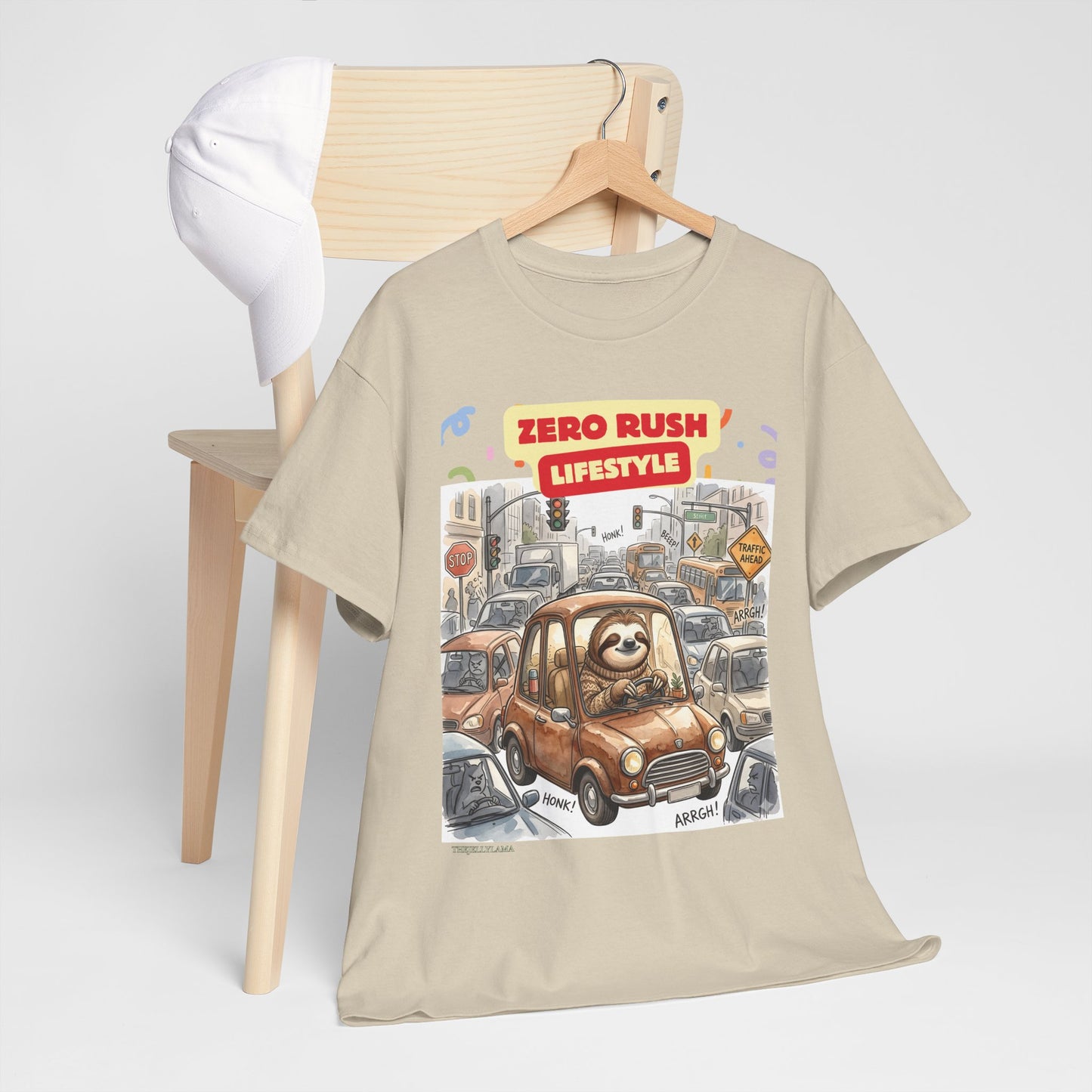 Zero Rush Lifestyle Tee — Cute Sloth Driving Graphic T-Shirt