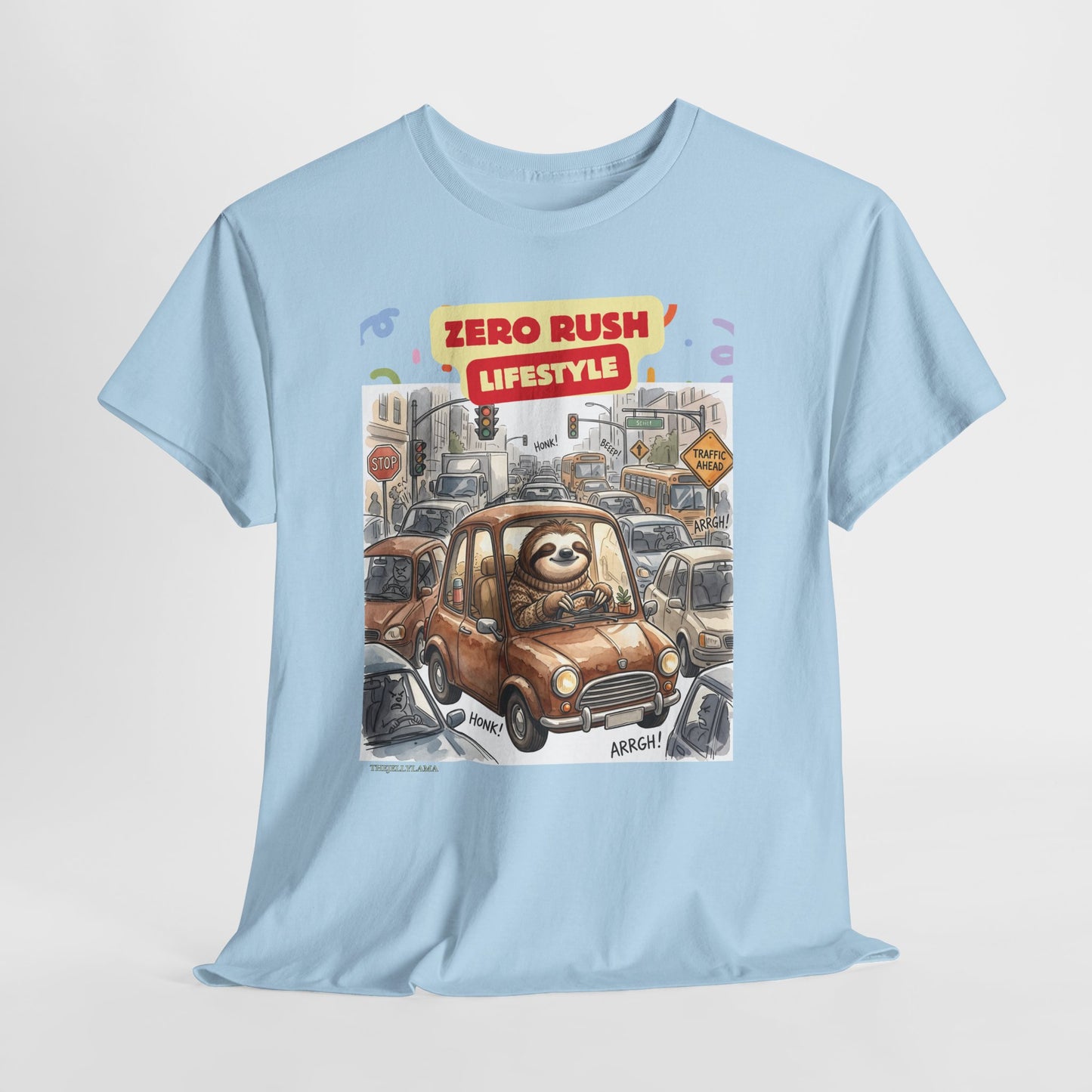 Zero Rush Lifestyle Tee — Cute Sloth Driving Graphic T-Shirt