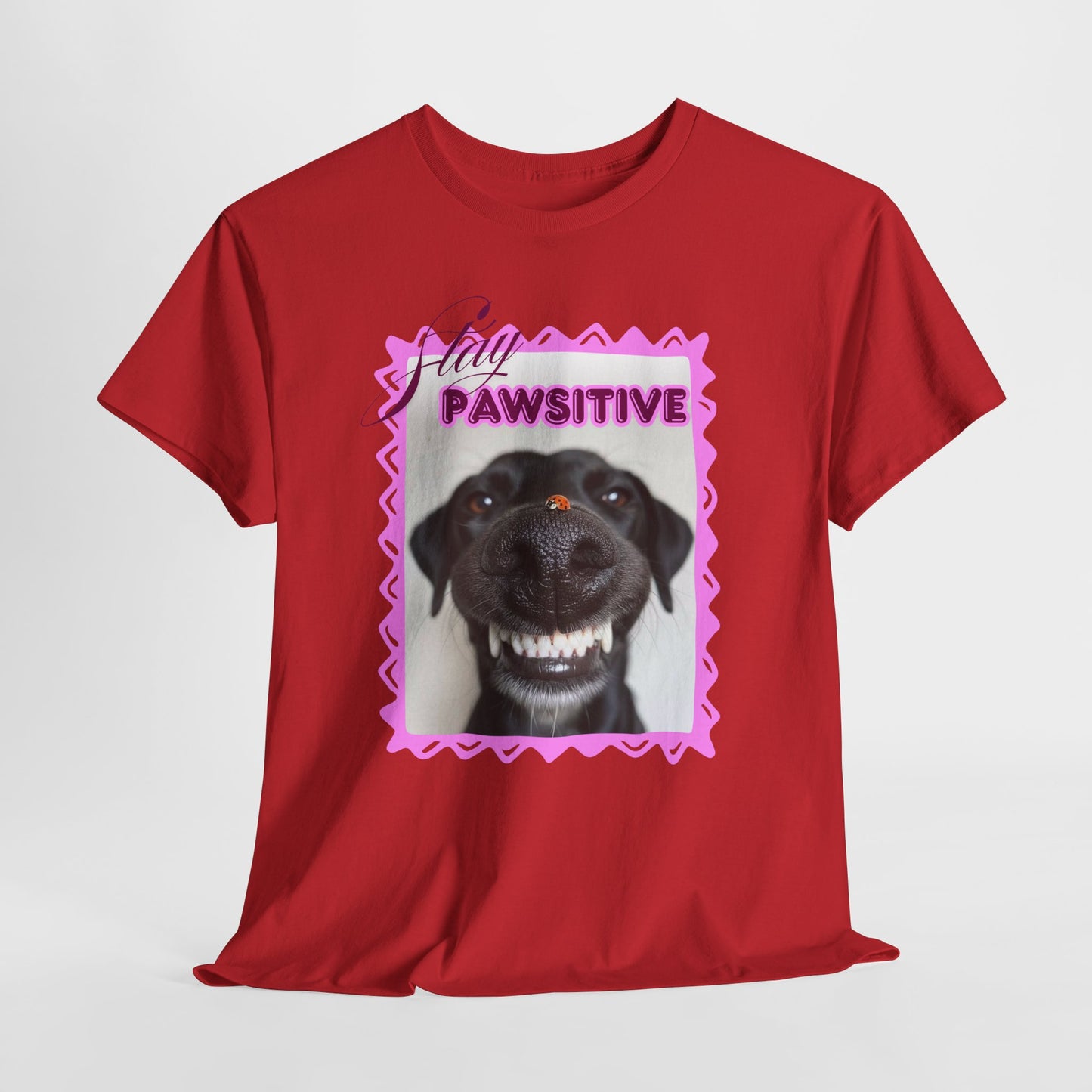 Stay Pawsitive Dog Shirt, Funny Smiling Dog T-Shirt, Gift for Dog Lover, Black Dog with Ladybug Graphic Tee