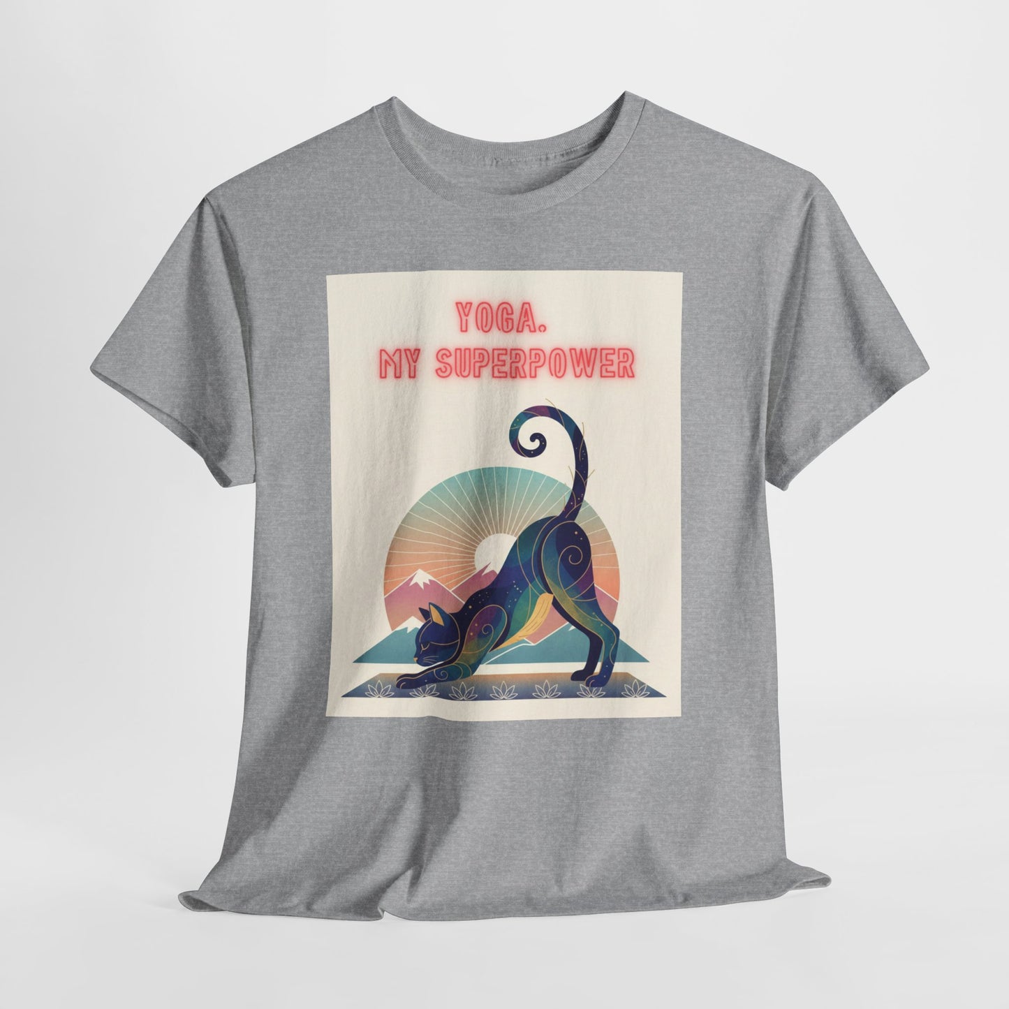 Yoga My Superpower T-Shirt — Vintage Sunset Downward Cat Tee