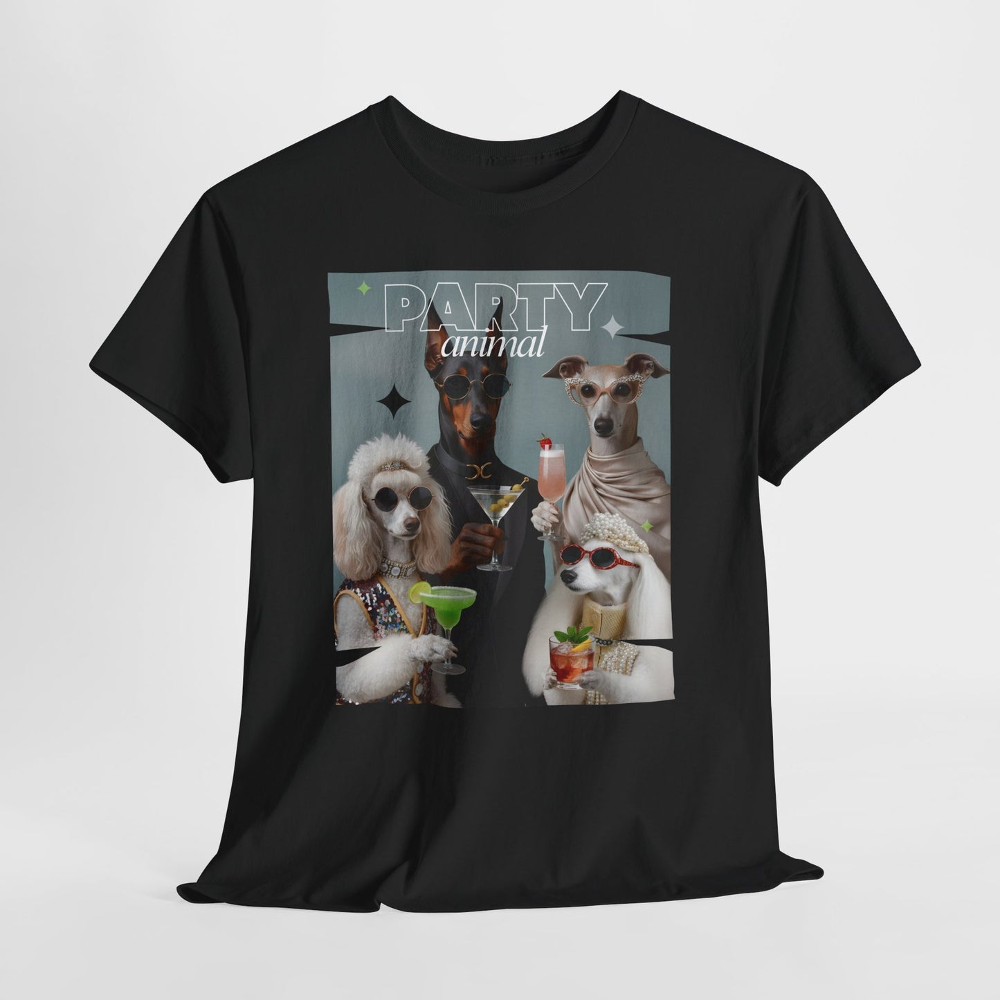 Unisex T-Shirt —Fashionable Dogs Holding Cocktails Graphic Shirt – Unique Gift for Whippet & Poodle Owners