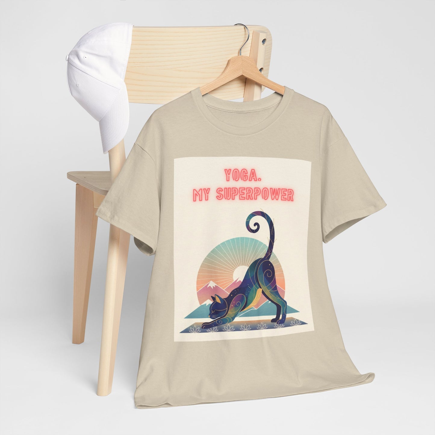 Yoga My Superpower T-Shirt — Vintage Sunset Downward Cat Tee