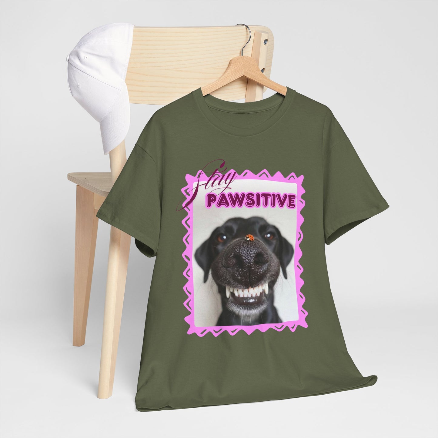Stay Pawsitive Dog Shirt, Funny Smiling Dog T-Shirt, Gift for Dog Lover, Black Dog with Ladybug Graphic Tee