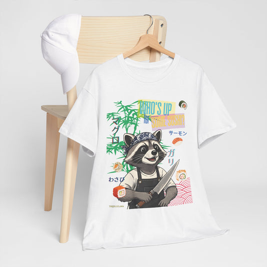 Raccoon Sushi Chef Tee — "Who's Up" Japanese Streetwear Graphic T‑Shirt