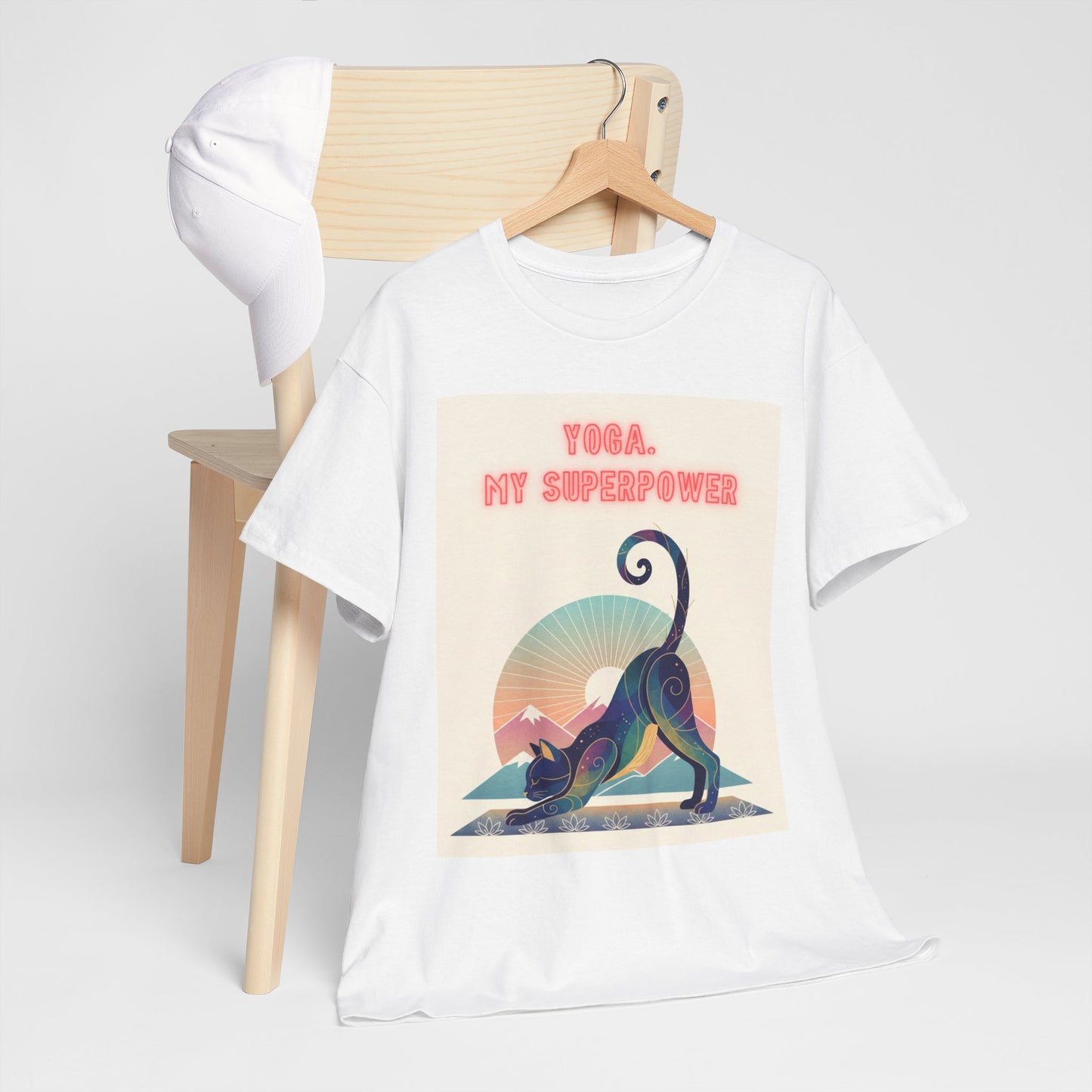 Yoga My Superpower T-Shirt — Vintage Sunset Downward Cat Tee