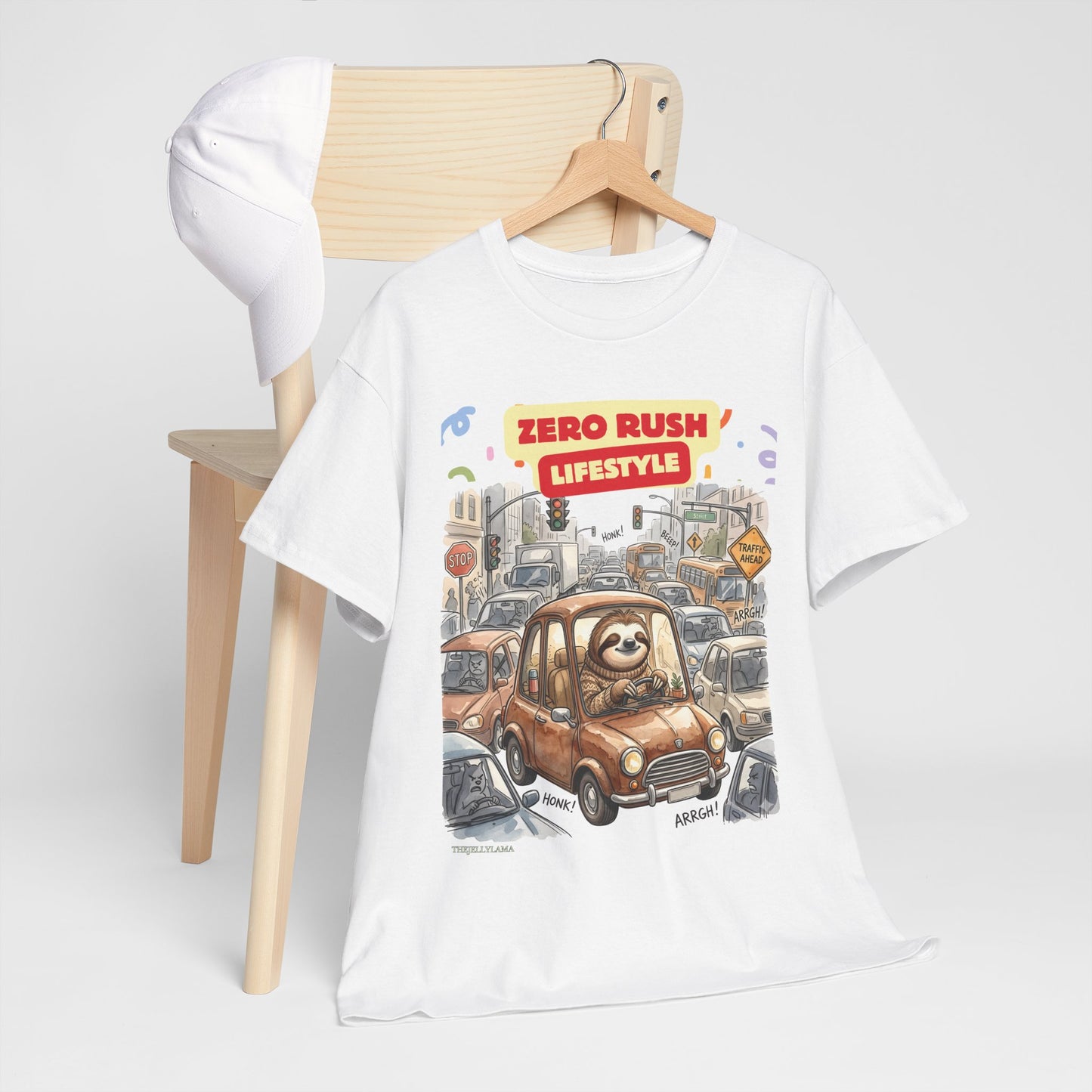 Zero Rush Lifestyle Tee — Cute Sloth Driving Graphic T-Shirt