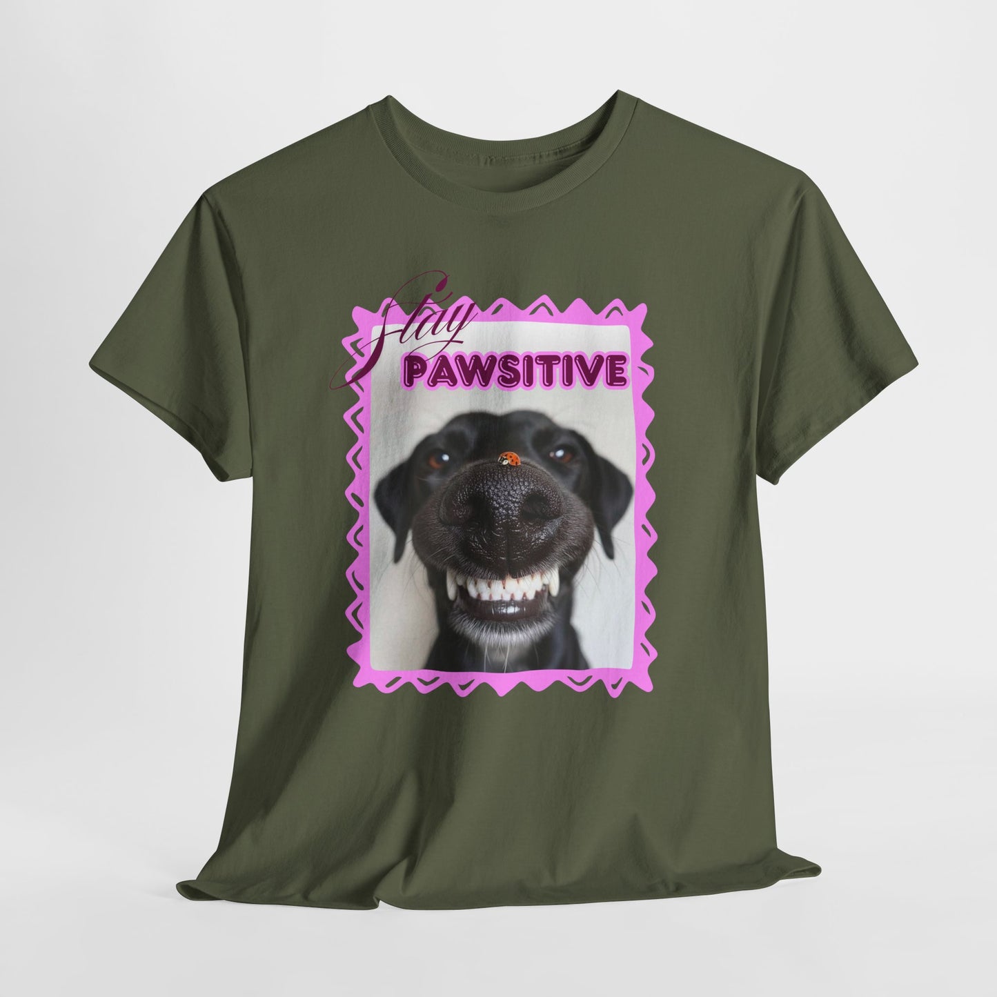 Stay Pawsitive Dog Shirt, Funny Smiling Dog T-Shirt, Gift for Dog Lover, Black Dog with Ladybug Graphic Tee