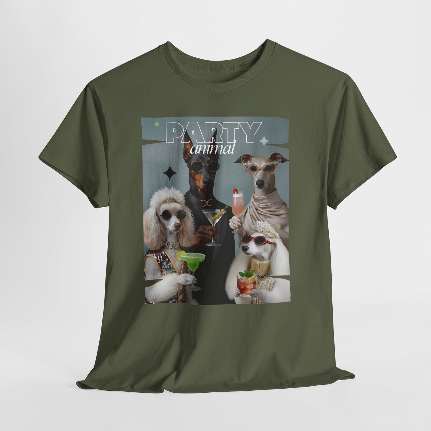 Unisex T-Shirt —Fashionable Dogs Holding Cocktails Graphic Shirt – Unique Gift for Whippet & Poodle Owners