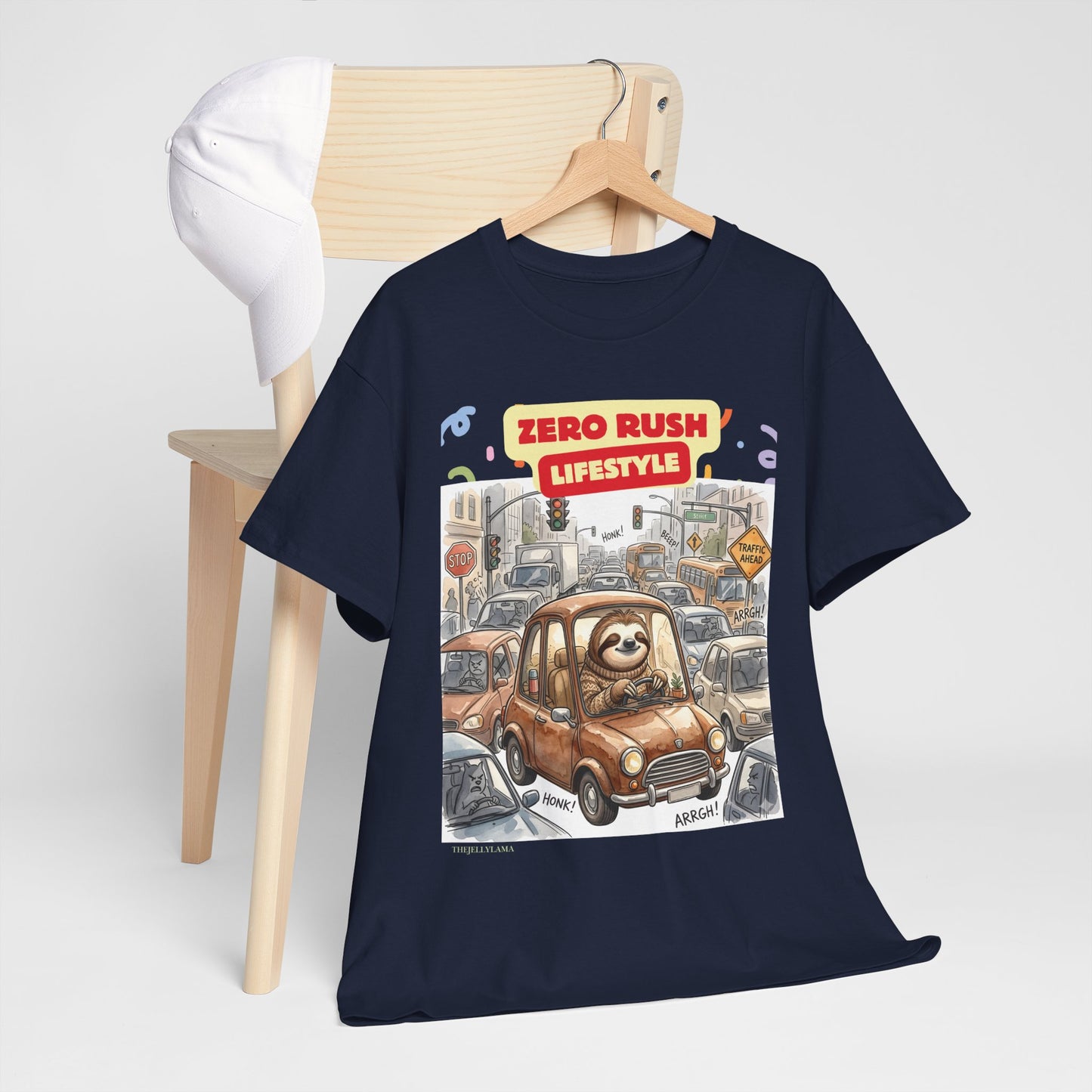 Zero Rush Lifestyle Tee — Cute Sloth Driving Graphic T-Shirt