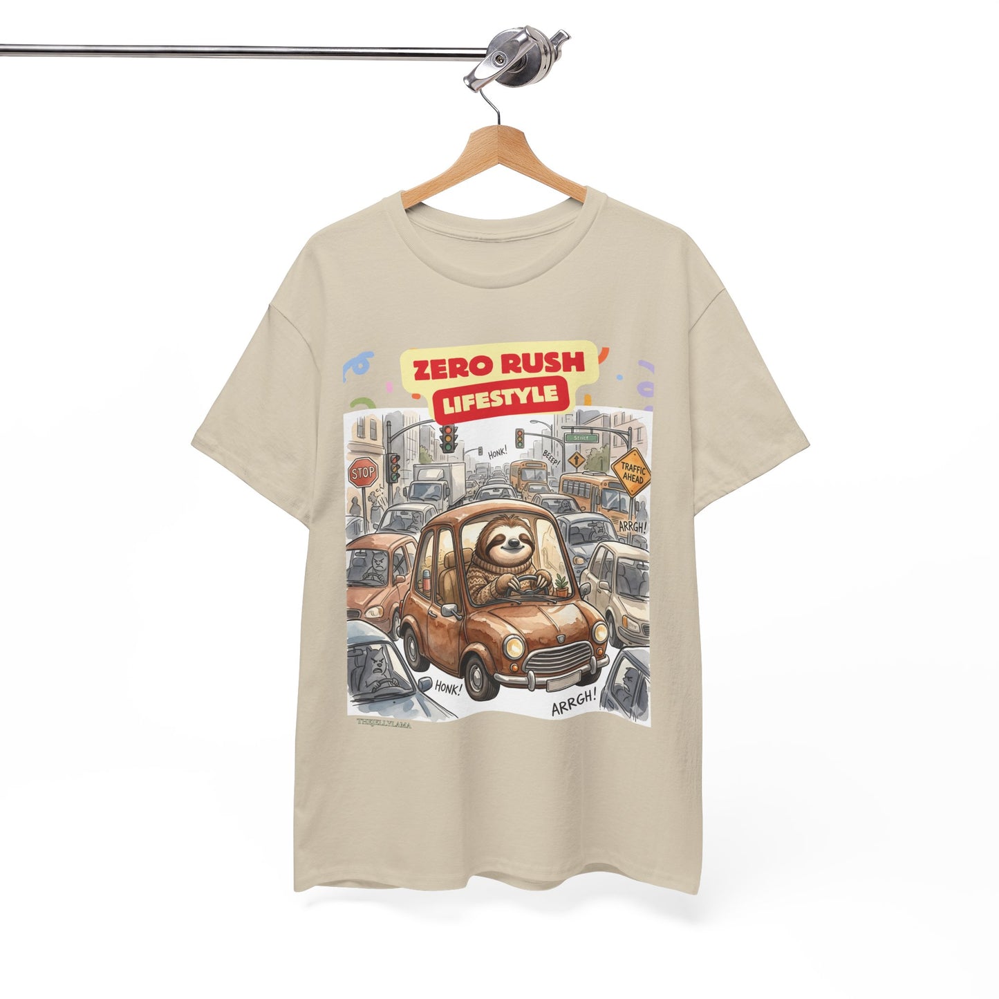 Zero Rush Lifestyle Tee — Cute Sloth Driving Graphic T-Shirt
