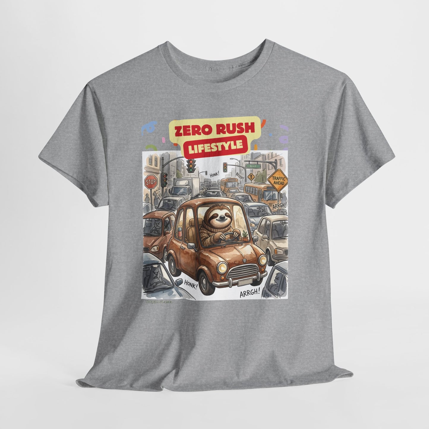 Zero Rush Lifestyle Tee — Cute Sloth Driving Graphic T-Shirt