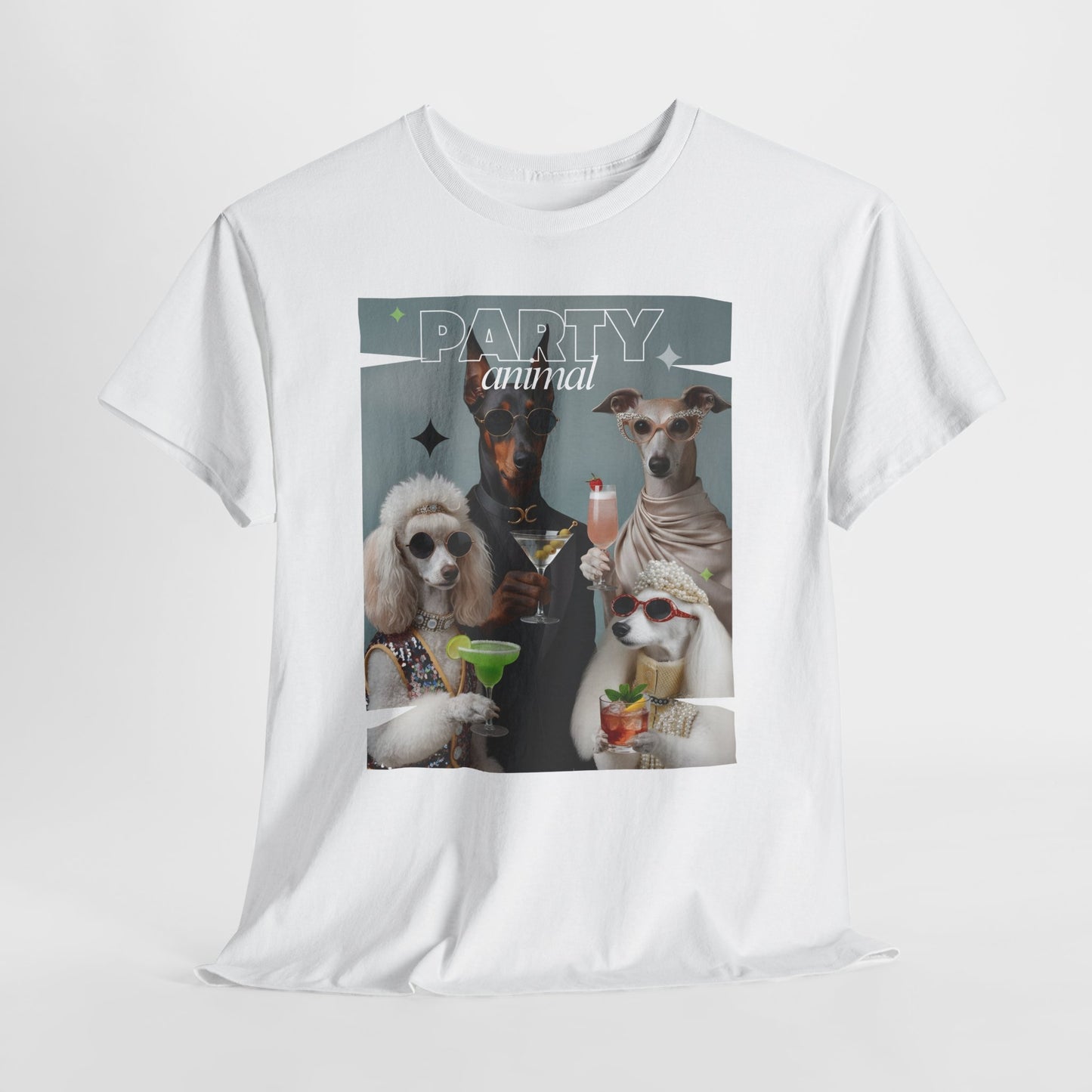 Unisex T-Shirt —Fashionable Dogs Holding Cocktails Graphic Shirt – Unique Gift for Whippet & Poodle Owners
