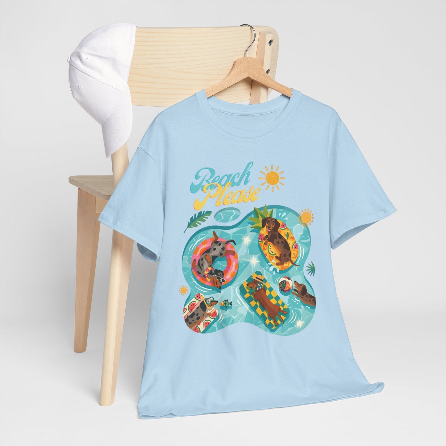 Unisex Beach Please Dachshund T-Shirt, Funny Weiner Dog Summer Shirt, Doxie Pool Party Tee, Cute Dog Lover Gift, Summer Vacation Top, Sausage Dog Graphic Tee