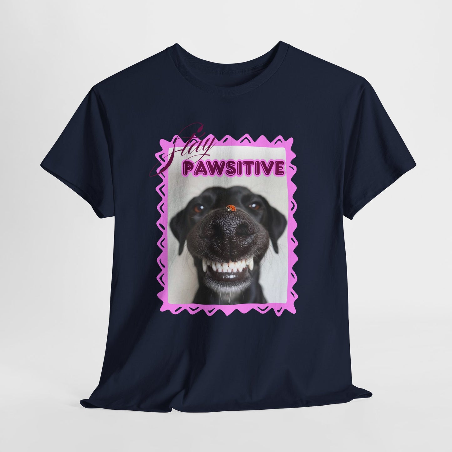Stay Pawsitive Dog Shirt, Funny Smiling Dog T-Shirt, Gift for Dog Lover, Black Dog with Ladybug Graphic Tee