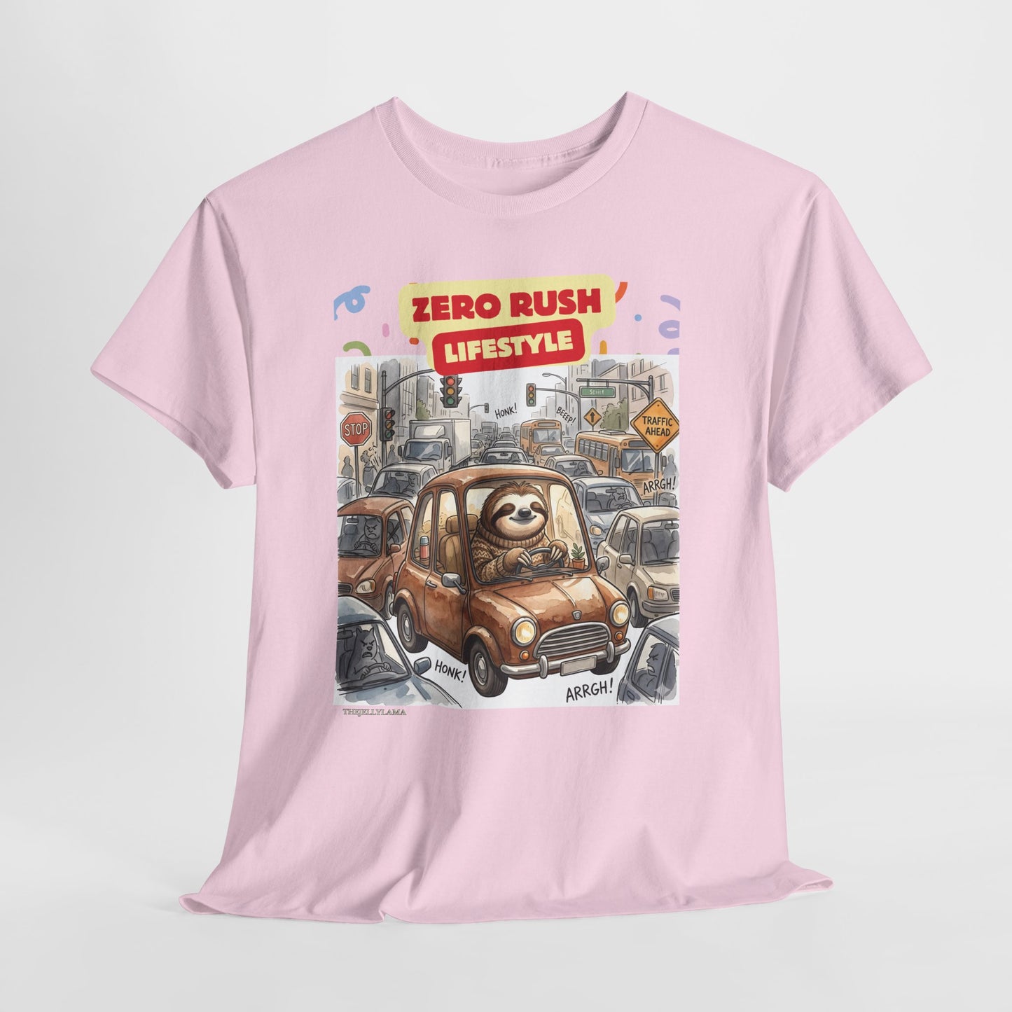 Zero Rush Lifestyle Tee — Cute Sloth Driving Graphic T-Shirt