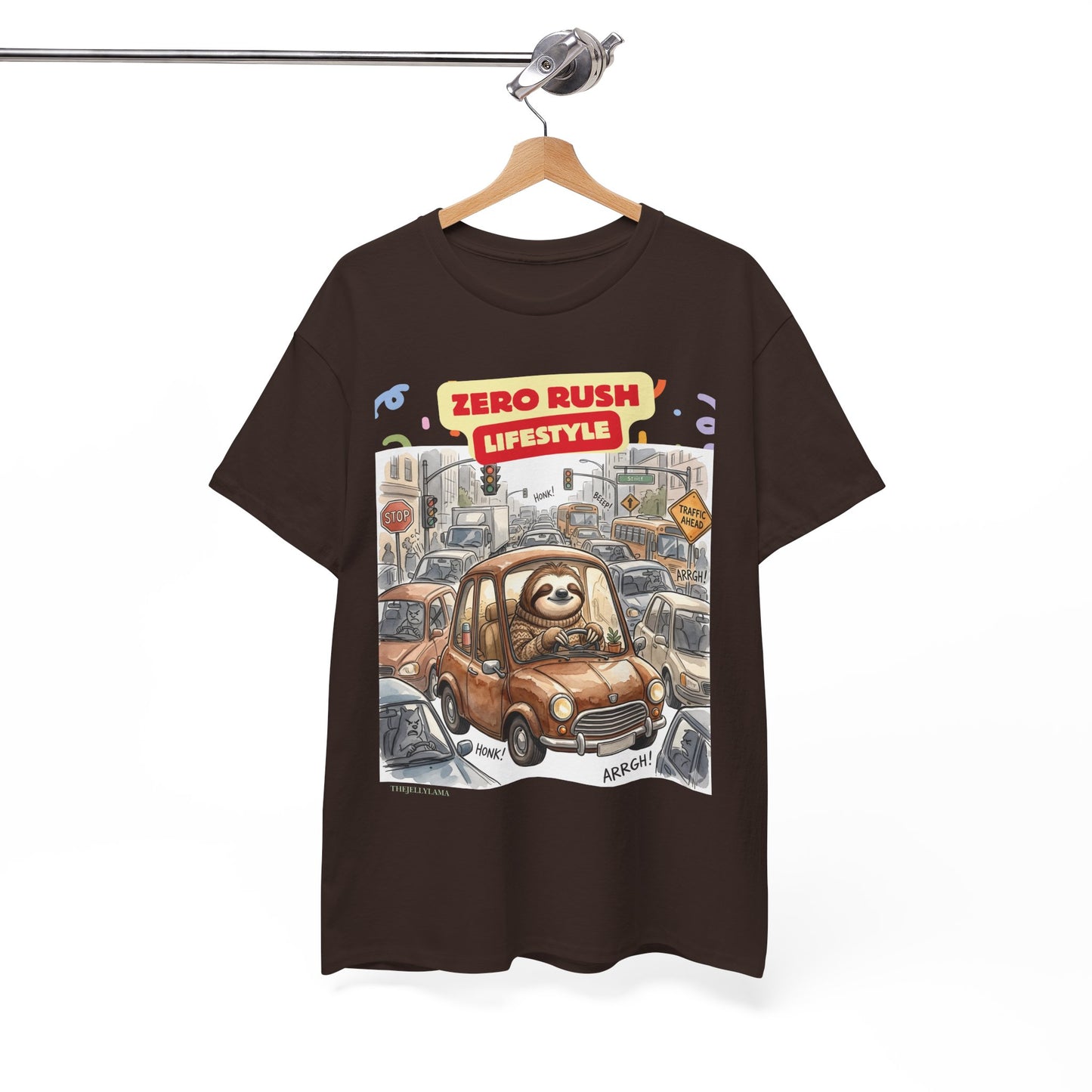 Zero Rush Lifestyle Tee — Cute Sloth Driving Graphic T-Shirt