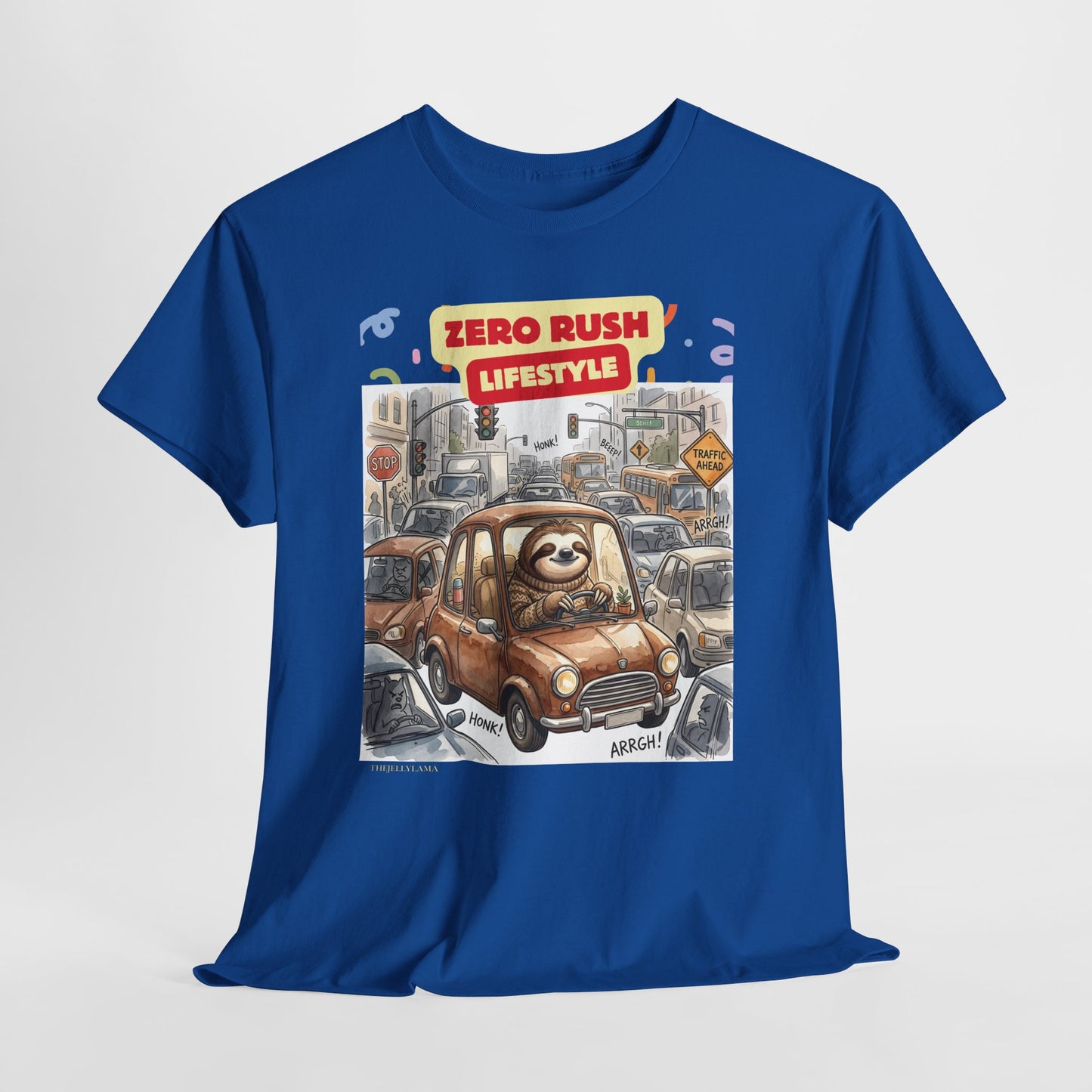 Zero Rush Lifestyle Tee — Cute Sloth Driving Graphic T-Shirt
