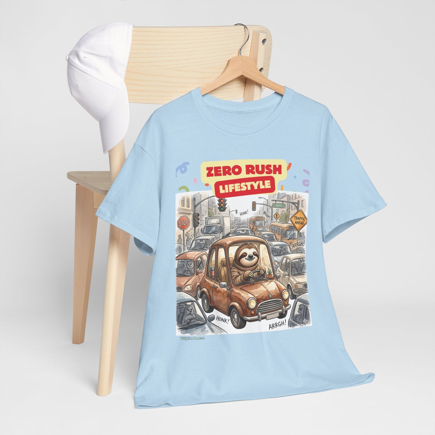 Zero Rush Lifestyle Tee — Cute Sloth Driving Graphic T-Shirt