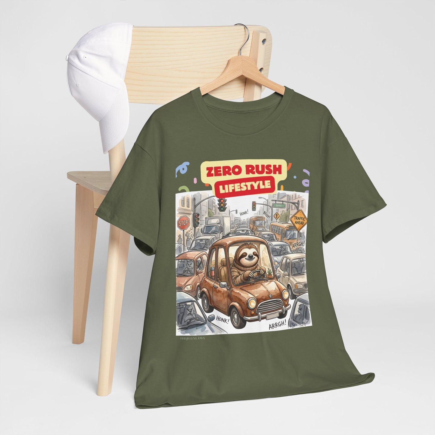 Zero Rush Lifestyle Tee — Cute Sloth Driving Graphic T-Shirt