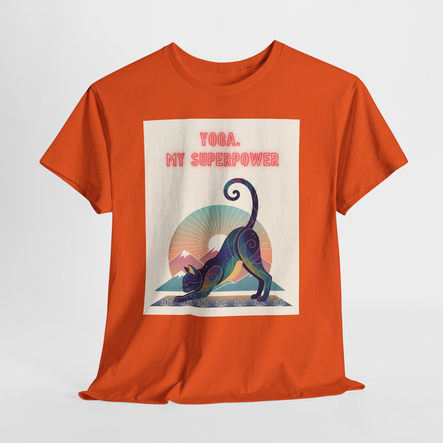 Yoga My Superpower T-Shirt — Vintage Sunset Downward Cat Tee