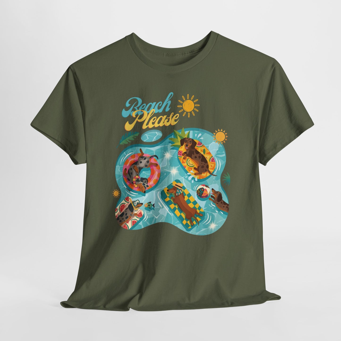 Unisex Beach Please Dachshund T-Shirt, Funny Weiner Dog Summer Shirt, Doxie Pool Party Tee, Cute Dog Lover Gift, Summer Vacation Top, Sausage Dog Graphic Tee