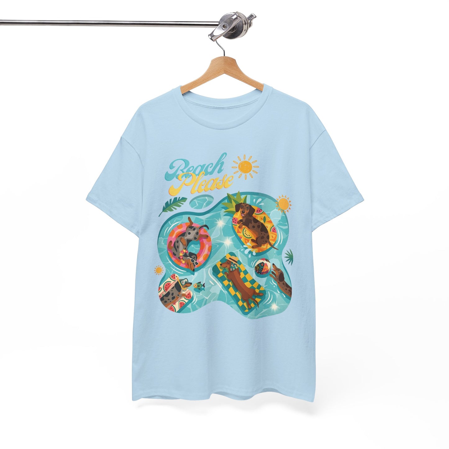 Unisex Beach Please Dachshund T-Shirt, Funny Weiner Dog Summer Shirt, Doxie Pool Party Tee, Cute Dog Lover Gift, Summer Vacation Top, Sausage Dog Graphic Tee