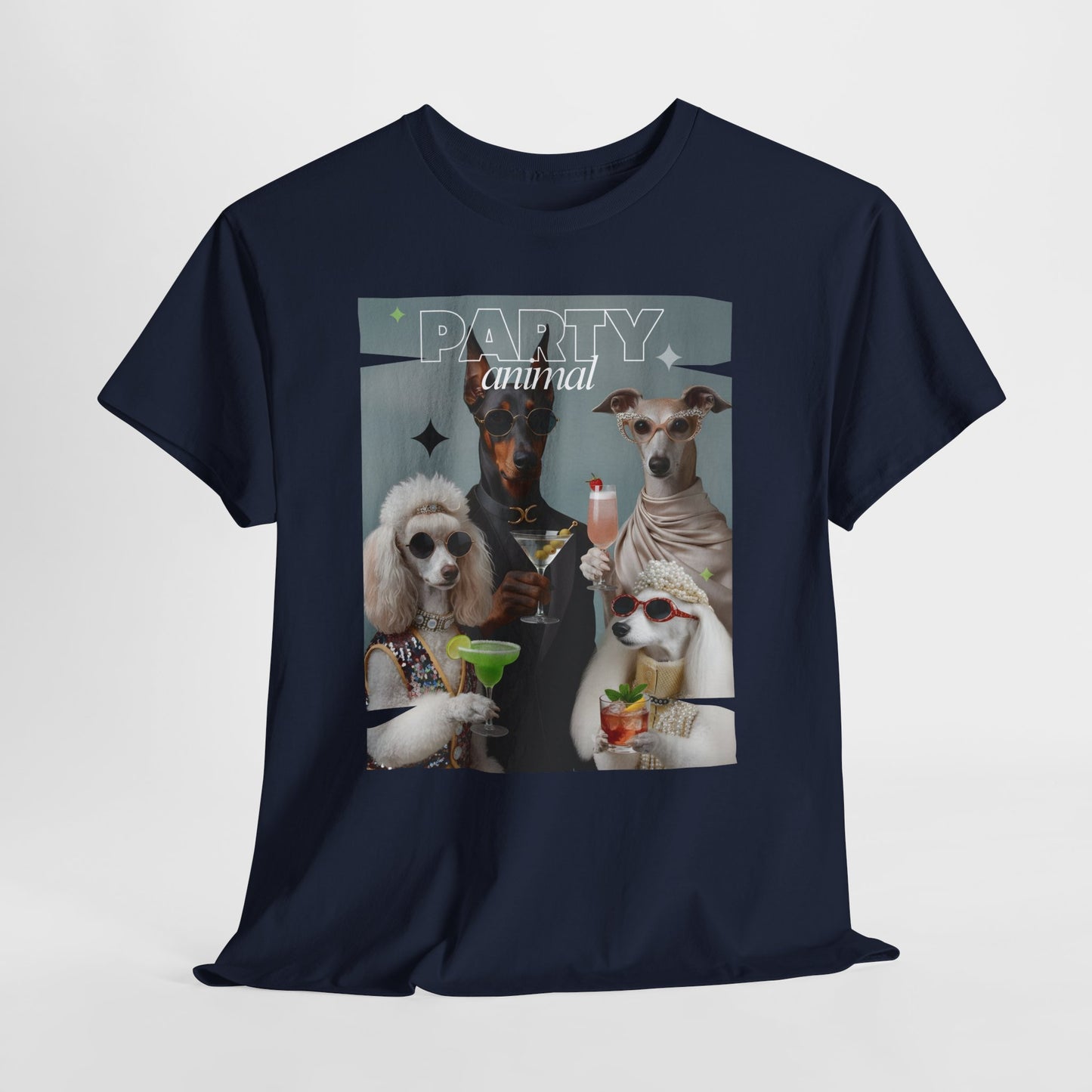 Unisex T-Shirt —Fashionable Dogs Holding Cocktails Graphic Shirt – Unique Gift for Whippet & Poodle Owners