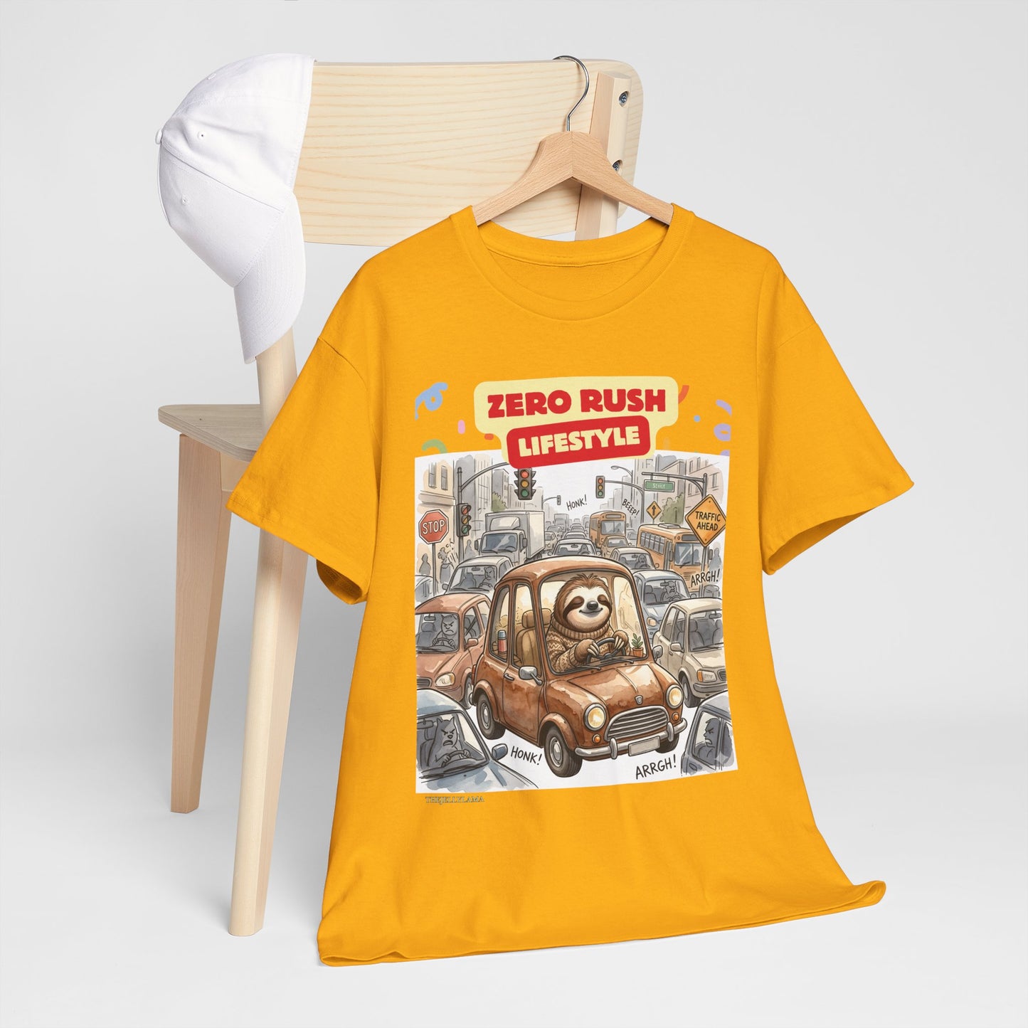 Zero Rush Lifestyle Tee — Cute Sloth Driving Graphic T-Shirt